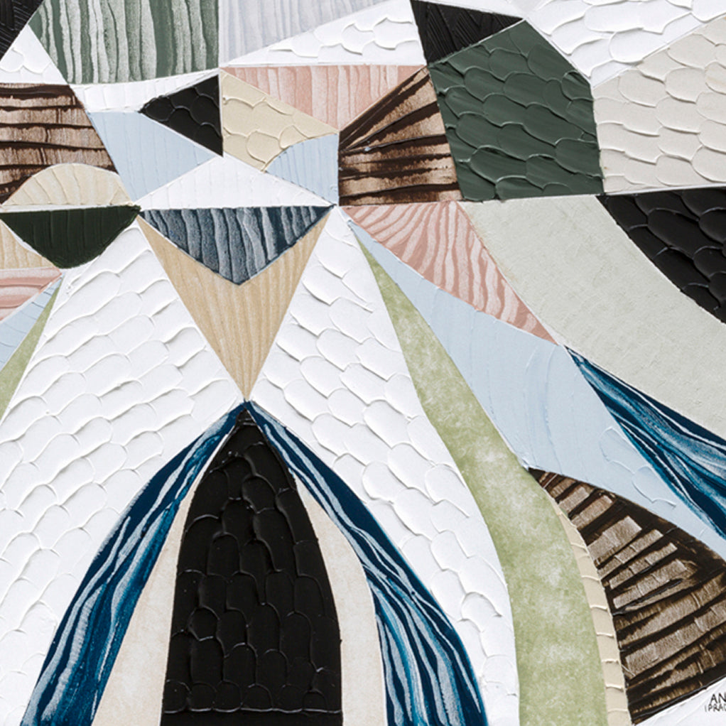 Spirit of the Ranges, original Australian abstract landscape painting by Melbourne artist Ani Ipradjian, deconstructing the Great Dividing Plateau collection through layered textures, colours and geometric shapes inspired by Australia's Great Dividing Ranges. Contemporary mixed media mountain landscape artwork on canvas.