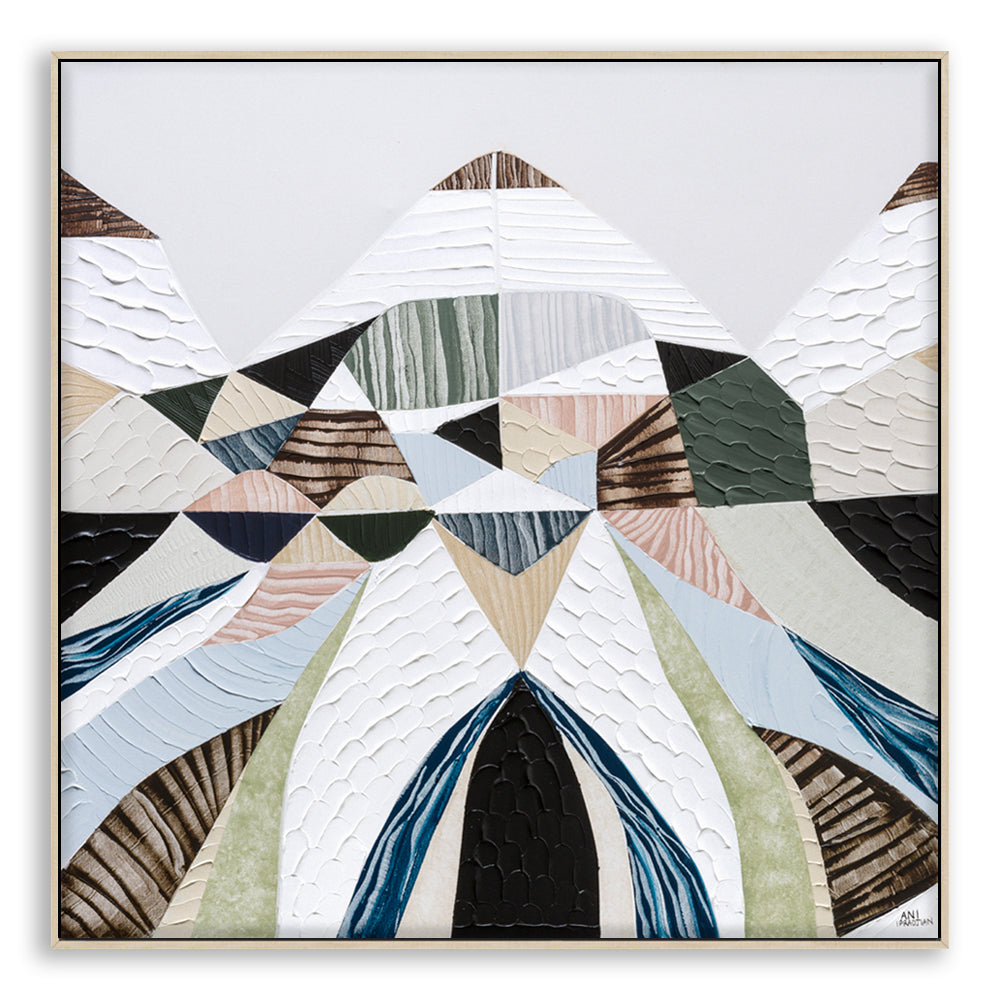 Spirit of the Ranges, original Australian abstract landscape painting by Melbourne artist Ani Ipradjian, deconstructing the Great Dividing Plateau collection through layered textures, colours and geometric shapes inspired by Australia's Great Dividing Ranges. Contemporary mixed media mountain landscape artwork on canvas.
