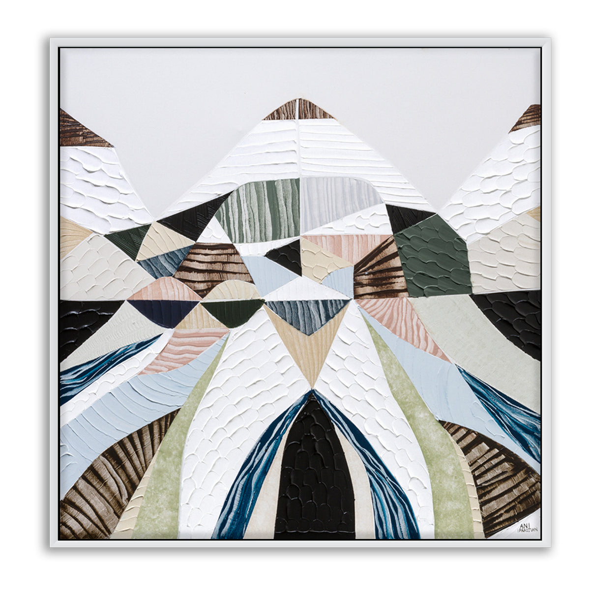 Spirit of the Ranges, original Australian abstract landscape painting by Melbourne artist Ani Ipradjian, deconstructing the Great Dividing Plateau collection through layered textures, colours and geometric shapes inspired by Australia's Great Dividing Ranges. Contemporary mixed media mountain landscape artwork on canvas.