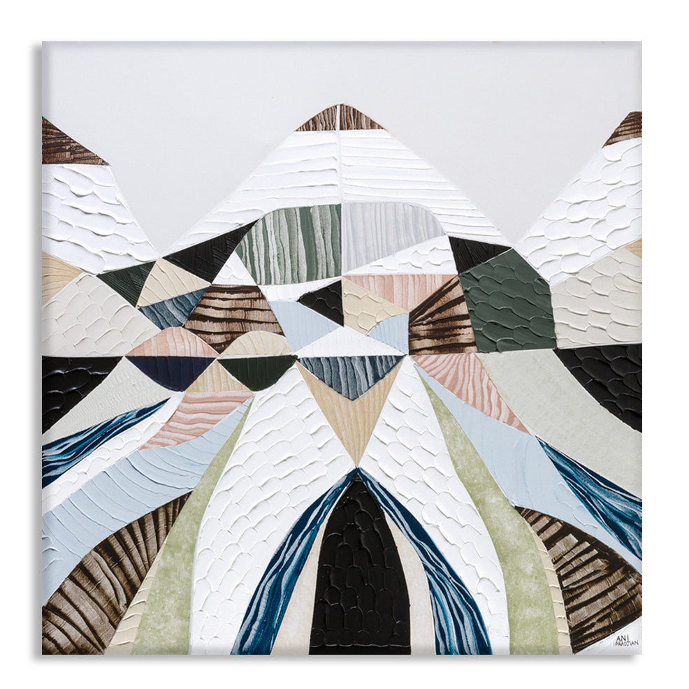 Spirit of the Ranges, original Australian abstract landscape painting by Melbourne artist Ani Ipradjian, deconstructing the Great Dividing Plateau collection through layered textures, colours and geometric shapes inspired by Australia's Great Dividing Ranges. Contemporary mixed media mountain landscape artwork on canvas.