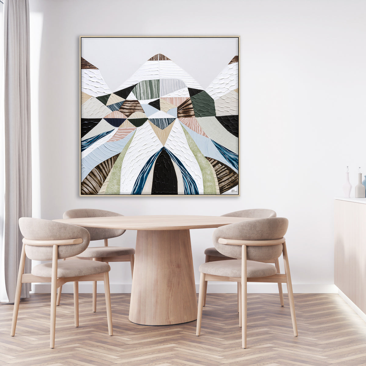 Spirit of the Ranges, original Australian abstract landscape painting by Melbourne artist Ani Ipradjian, deconstructing the Great Dividing Plateau collection through layered textures, colours and geometric shapes inspired by Australia's Great Dividing Ranges. Contemporary mixed media mountain landscape artwork on canvas.