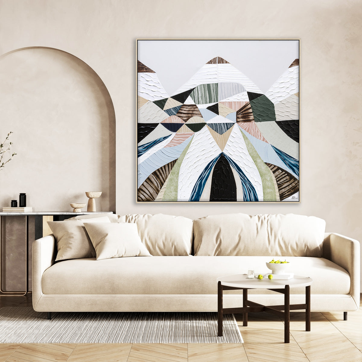 Spirit of the Ranges, original Australian abstract landscape painting by Melbourne artist Ani Ipradjian, deconstructing the Great Dividing Plateau collection through layered textures, colours and geometric shapes inspired by Australia's Great Dividing Ranges. Contemporary mixed media mountain landscape artwork on canvas.