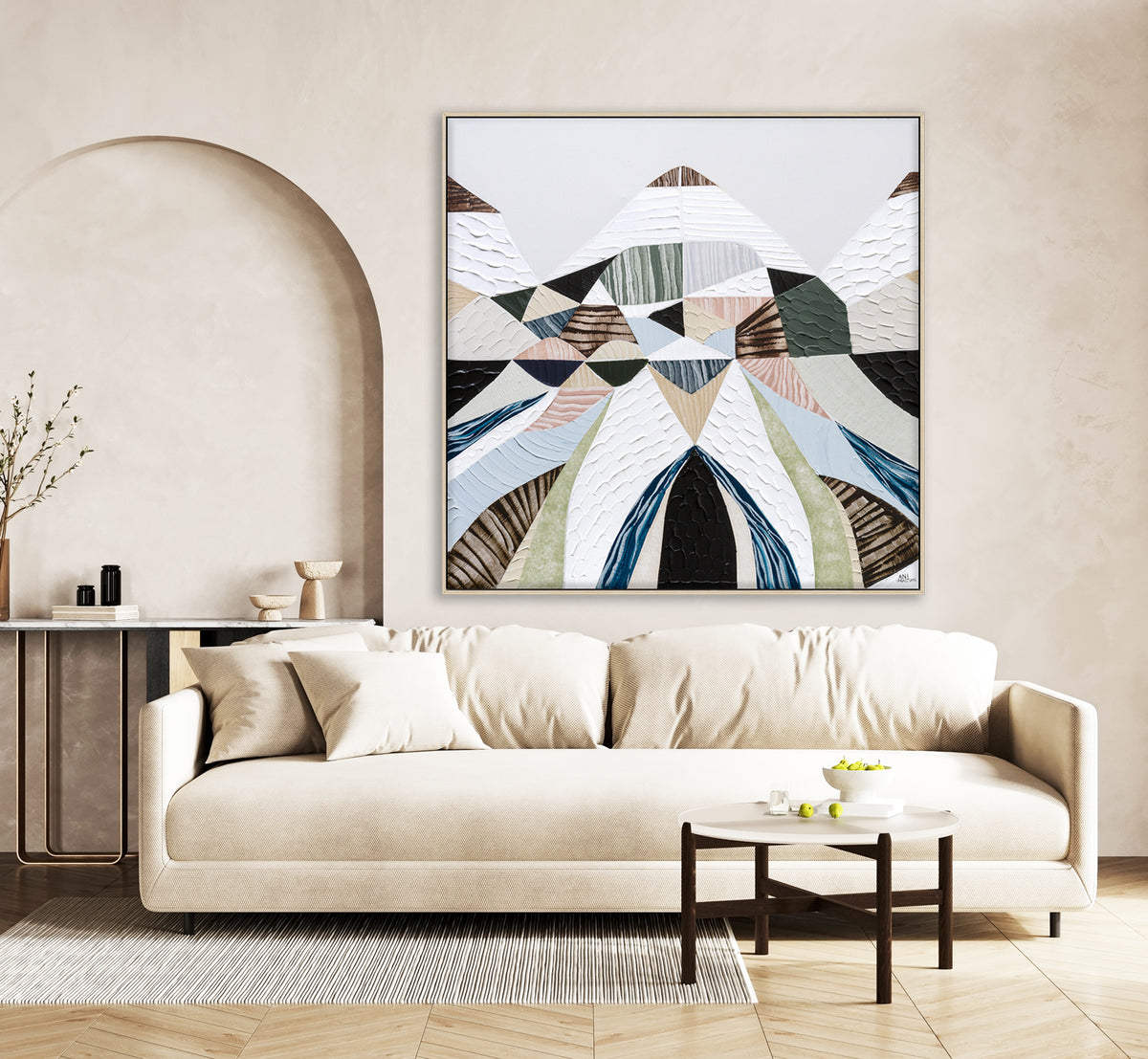 Spirit of the Ranges, original Australian abstract landscape painting by Melbourne artist Ani Ipradjian, deconstructing the Great Dividing Plateau collection through layered textures, colours and geometric shapes inspired by Australia's Great Dividing Ranges. Contemporary mixed media mountain landscape artwork on canvas.