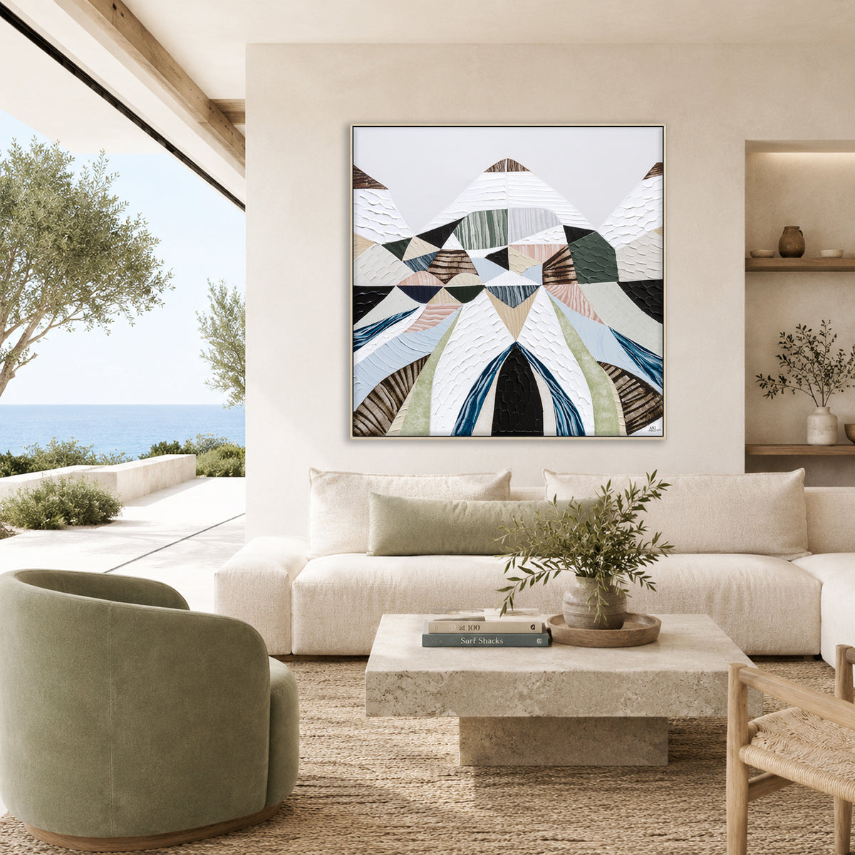 Spirit of the Ranges, original Australian abstract landscape painting by Melbourne artist Ani Ipradjian, deconstructing the Great Dividing Plateau collection through layered textures, colours and geometric shapes inspired by Australia's Great Dividing Ranges. Contemporary mixed media mountain landscape artwork on canvas.