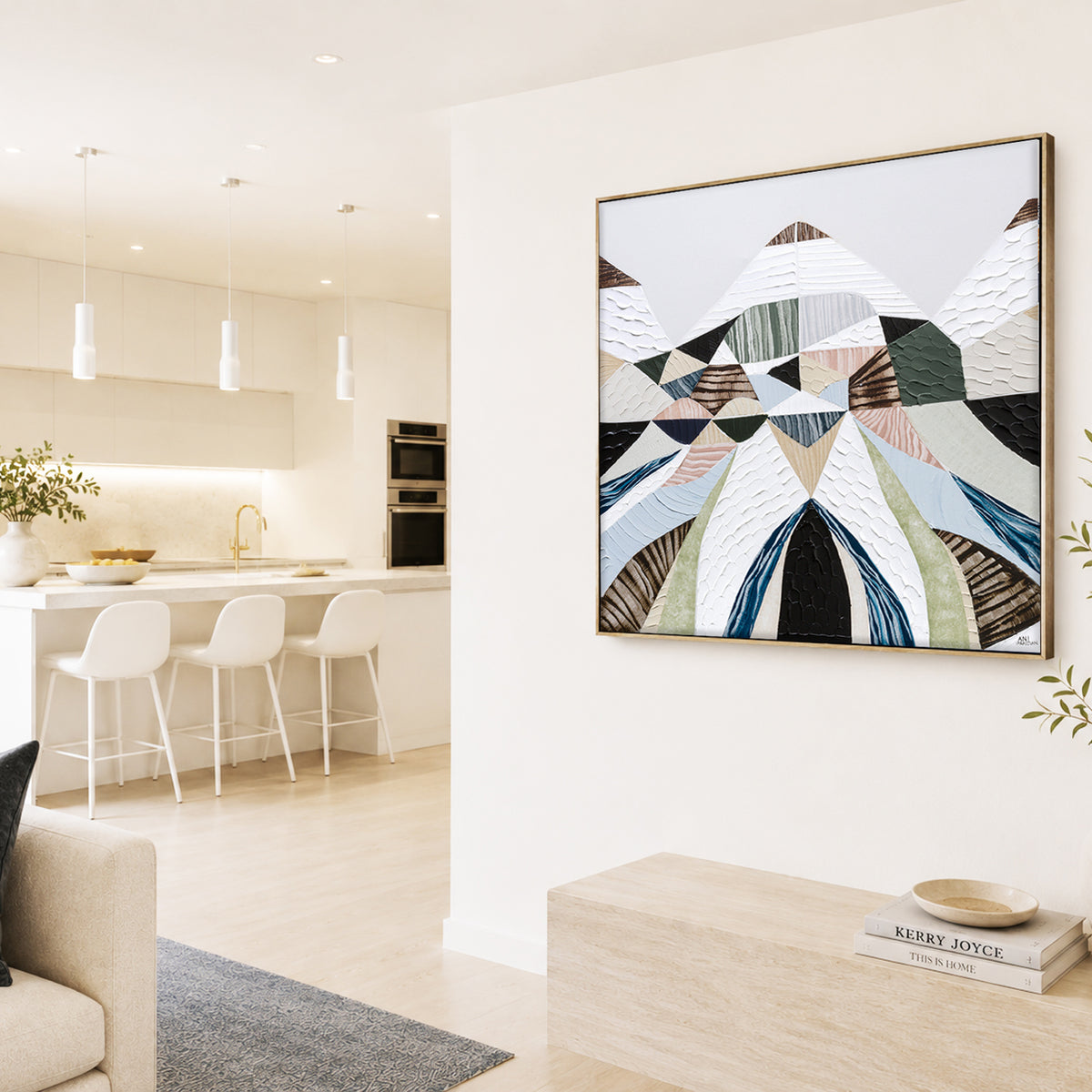 Spirit of the Ranges, original Australian abstract landscape painting by Melbourne artist Ani Ipradjian, deconstructing the Great Dividing Plateau collection through layered textures, colours and geometric shapes inspired by Australia's Great Dividing Ranges. Contemporary mixed media mountain landscape artwork on canvas.