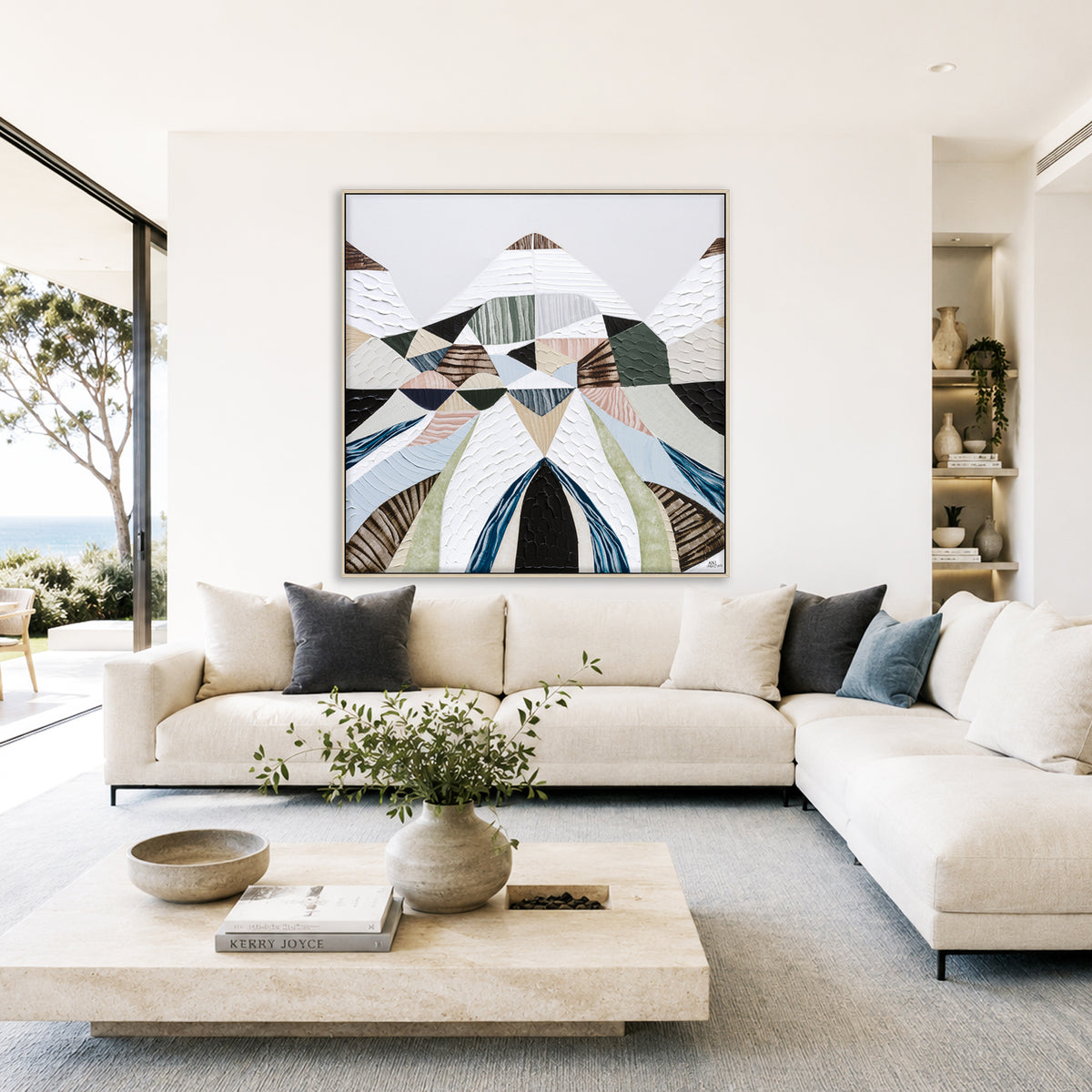 Spirit of the Ranges, original Australian abstract landscape painting by Melbourne artist Ani Ipradjian, deconstructing the Great Dividing Plateau collection through layered textures, colours and geometric shapes inspired by Australia's Great Dividing Ranges. Contemporary mixed media mountain landscape artwork on canvas.