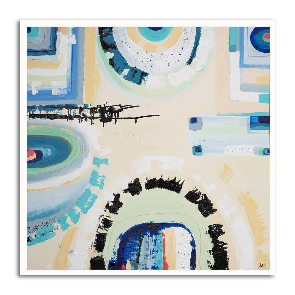 “St Kilda Spirit” coastal print by Ani Ipradjian – vibrant abstract art inspired by Melbourne’s beachside suburb of St Kilda with city-meets-sea energy.