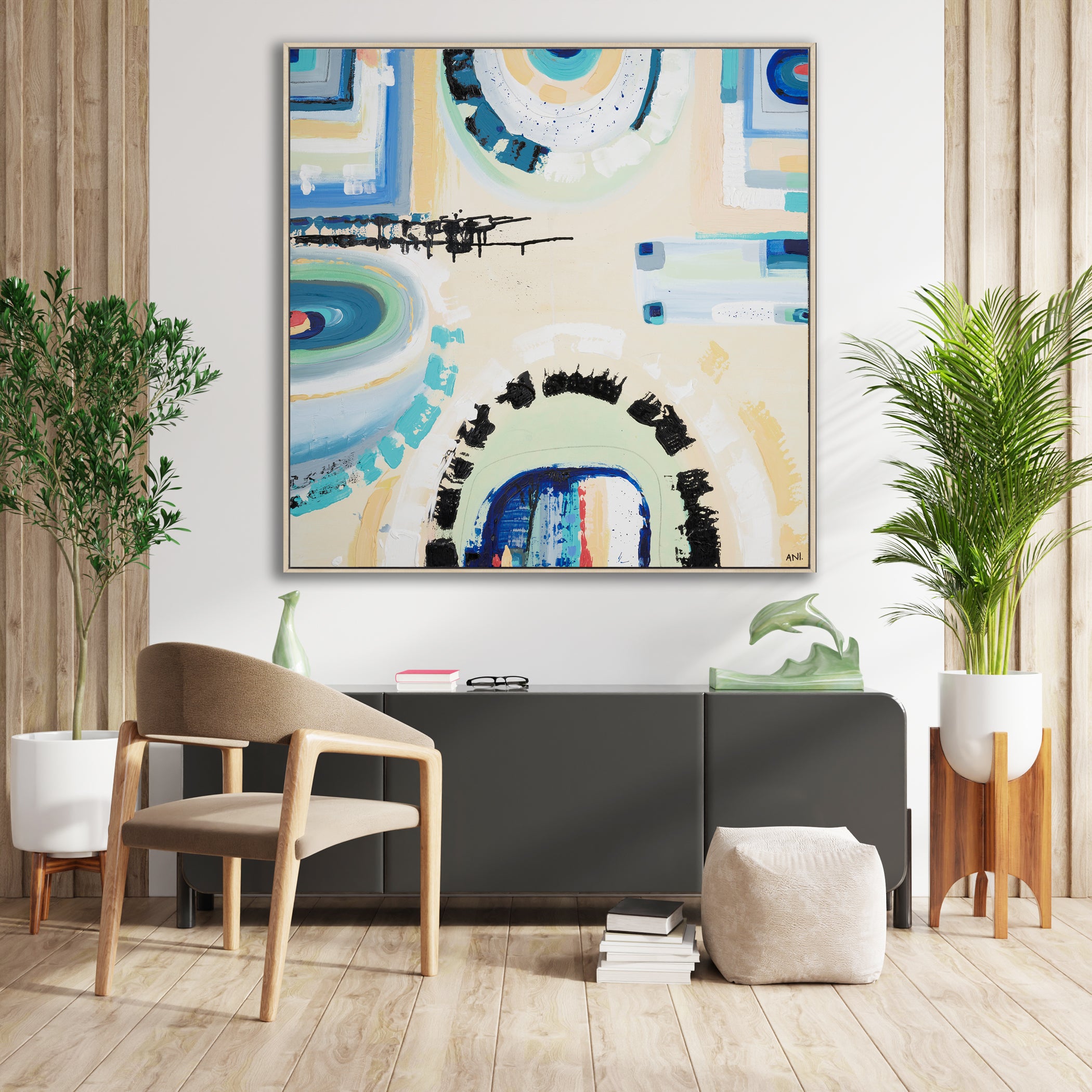 “St Kilda Spirit” coastal print by Ani Ipradjian – vibrant abstract art inspired by Melbourne’s beachside suburb of St Kilda with city-meets-sea energy.