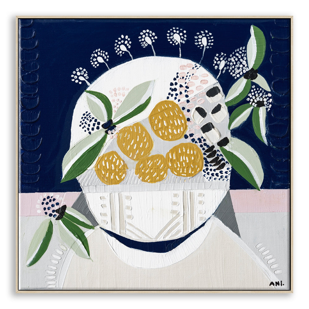 "Sunshine Blossom" – Original abstract floral painting by Australian artist Ani Ipradjian, inspired by native yellow globular blooms and painted in vibrant, sunlit tones.