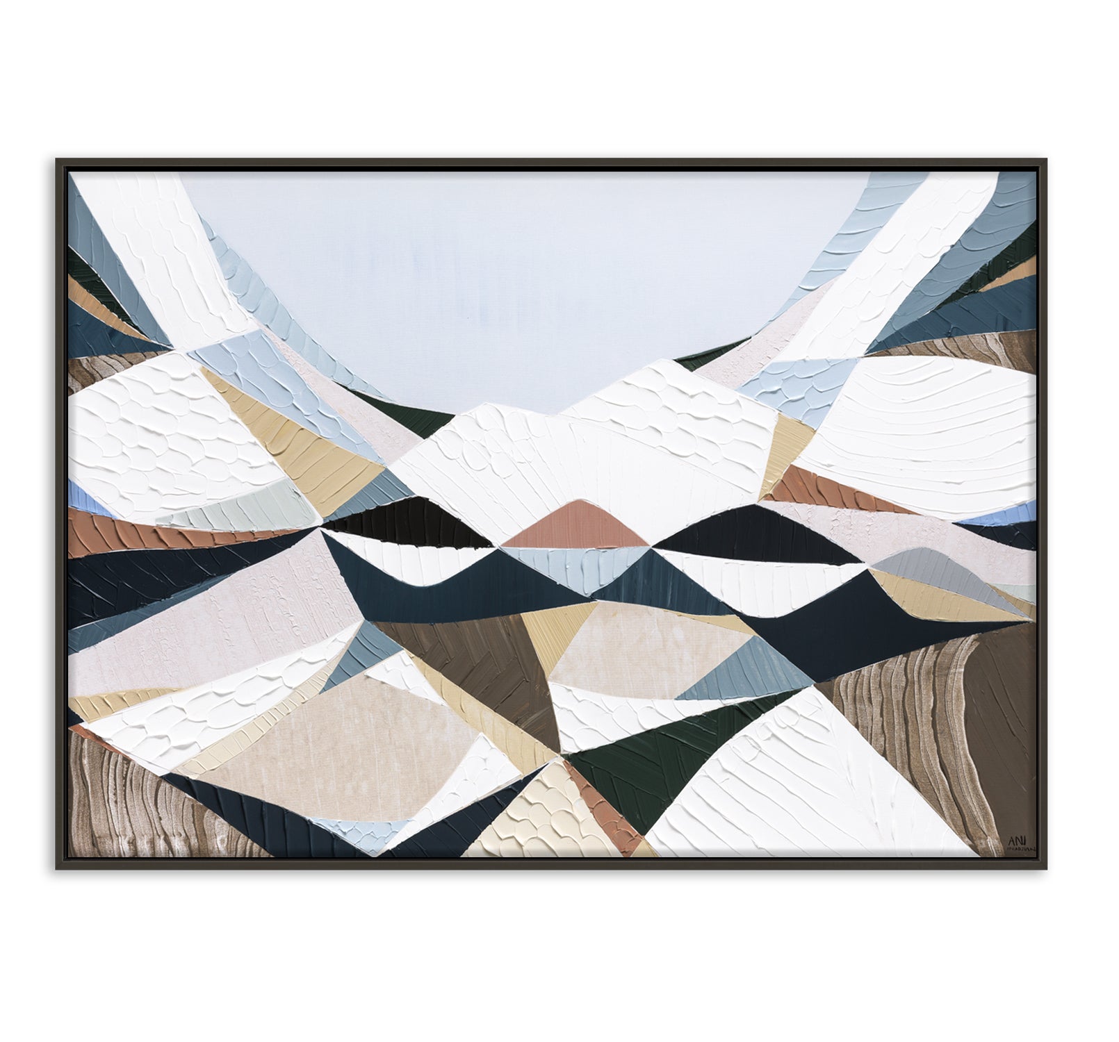 The Great Divide by Ani Ipradjian, Melbourne-based Australian artist, contemporary Australian abstract mountain landscape artwork inspired by the Great Dividing Range. Original textured acrylic and mixed media painting and fine art print featuring earthy browns, sage greens, and layered natural textures that celebrate Australia's iconic mountain ranges and native bushland. Luxury Australian wall art for modern, contemporary, coastal, and designer interiors, perfect for living rooms, dining rooms, offices, h