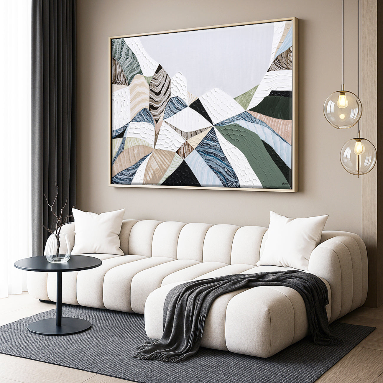 Three Sisters Blue Mountains original abstract landscape painting featuring iconic sandstone rock formation at Echo Point Katoomba Australia, textured contemporary Australian artwork with earthy tones, layered brushstrokes, and dramatic mountain scenery