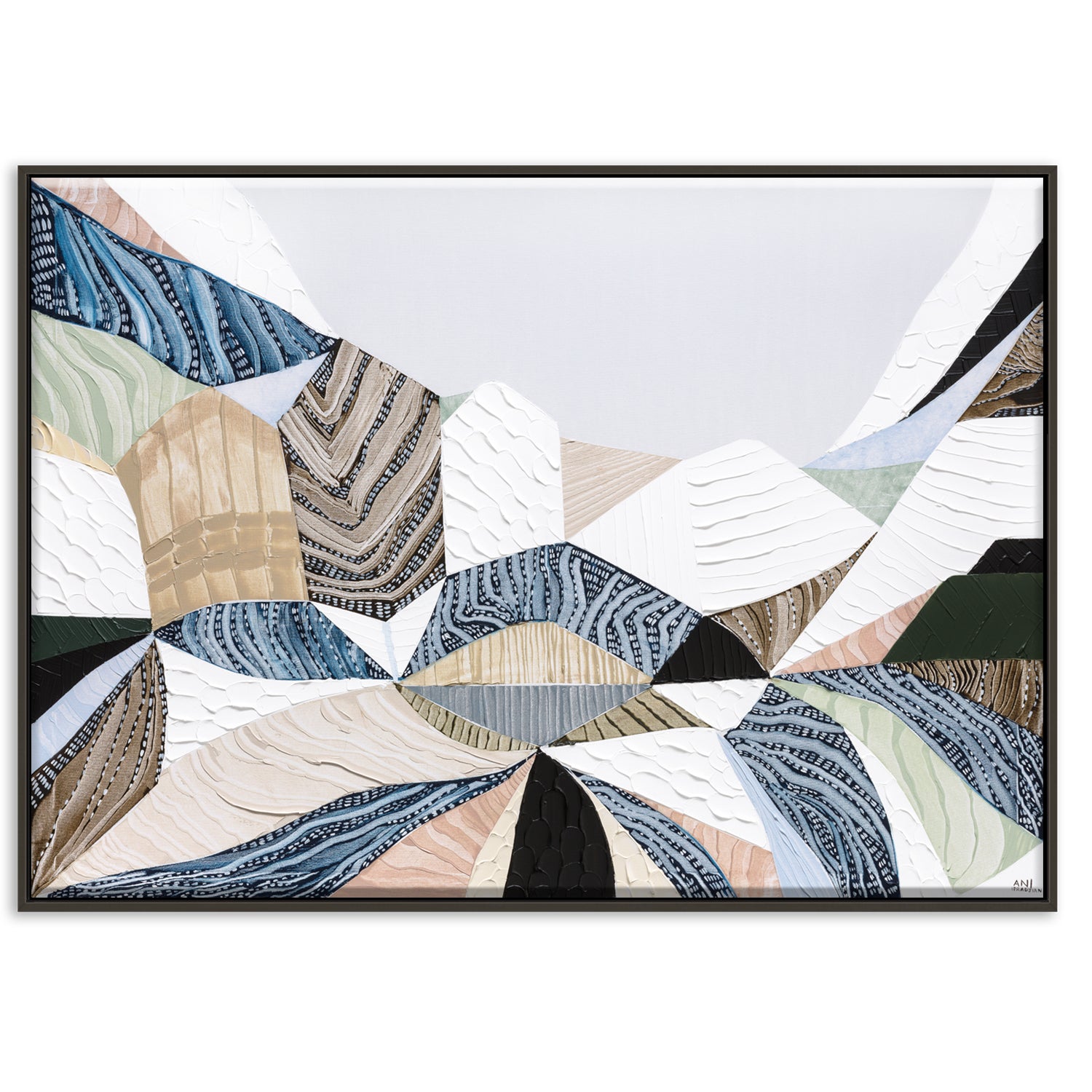 Three Sisters original abstract landscape painting by Australian artist Ani Ipradjian, inspired by the iconic Blue Mountains in Katoomba, New South Wales. Contemporary Australian wall art featuring rich textures, earthy tones, sandstone formations, and expressive colour, celebrating one of Australia's most famous natural landmarks for art collectors and modern interiors.