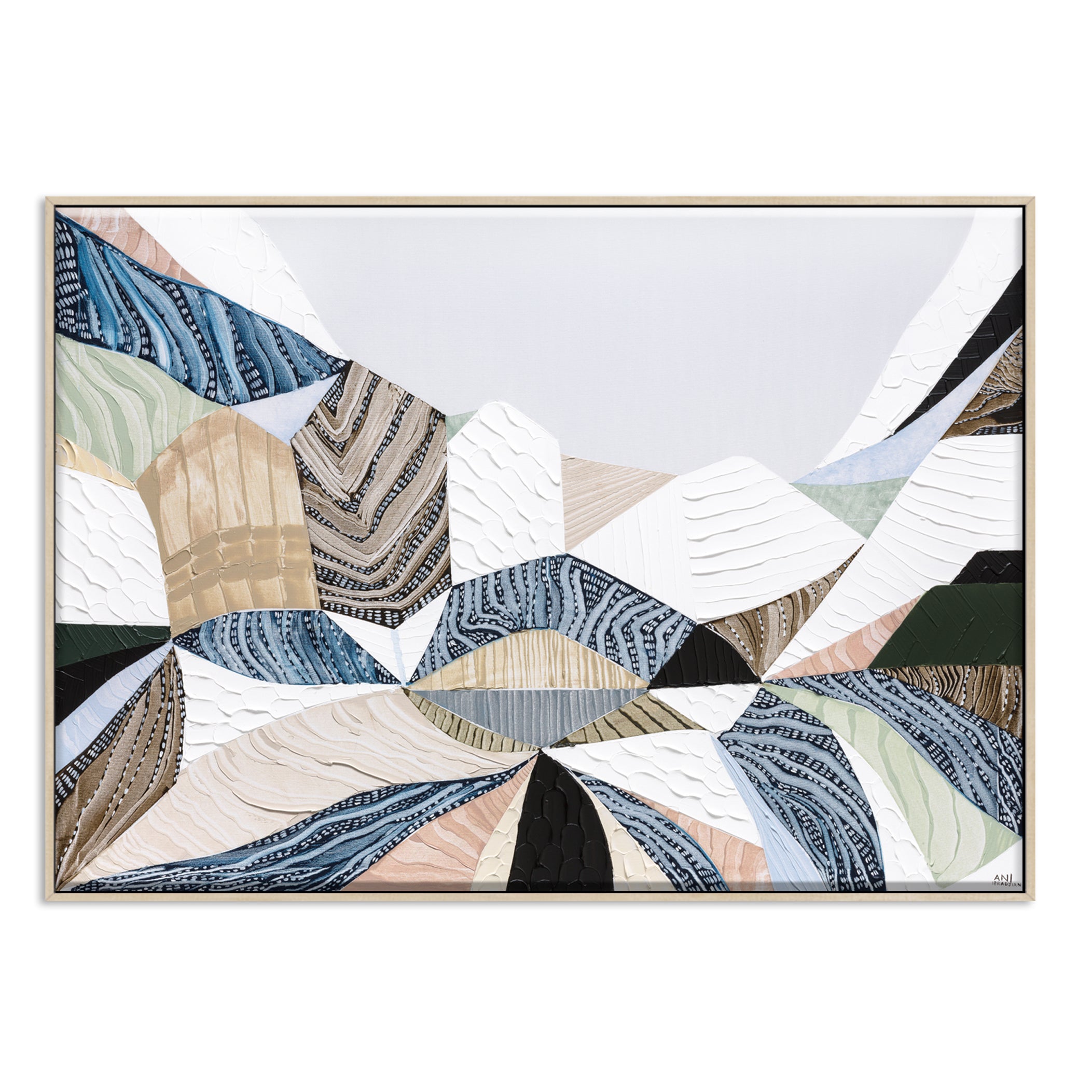 Three Sisters original abstract landscape painting by Australian artist Ani Ipradjian, inspired by the iconic Blue Mountains in Katoomba, New South Wales. Contemporary Australian wall art featuring rich textures, earthy tones, sandstone formations, and expressive colour, celebrating one of Australia's most famous natural landmarks for art collectors and modern interiors.