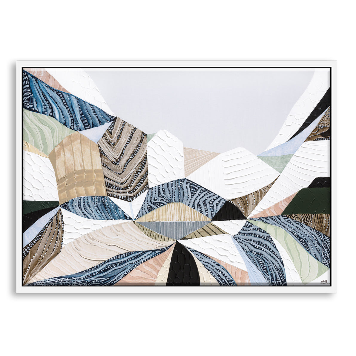Three Sisters original abstract landscape painting by Australian artist Ani Ipradjian, inspired by the iconic Blue Mountains in Katoomba, New South Wales. Contemporary Australian wall art featuring rich textures, earthy tones, sandstone formations, and expressive colour, celebrating one of Australia's most famous natural landmarks for art collectors and modern interiors.