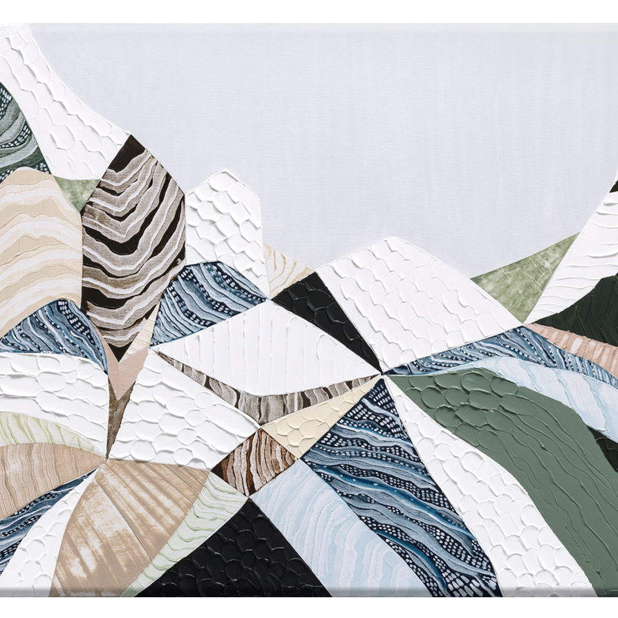 Three Sisters Blue Mountains original abstract landscape painting featuring iconic sandstone rock formation at Echo Point Katoomba Australia, textured contemporary Australian artwork with earthy tones, layered brushstrokes, and dramatic mountain scenery