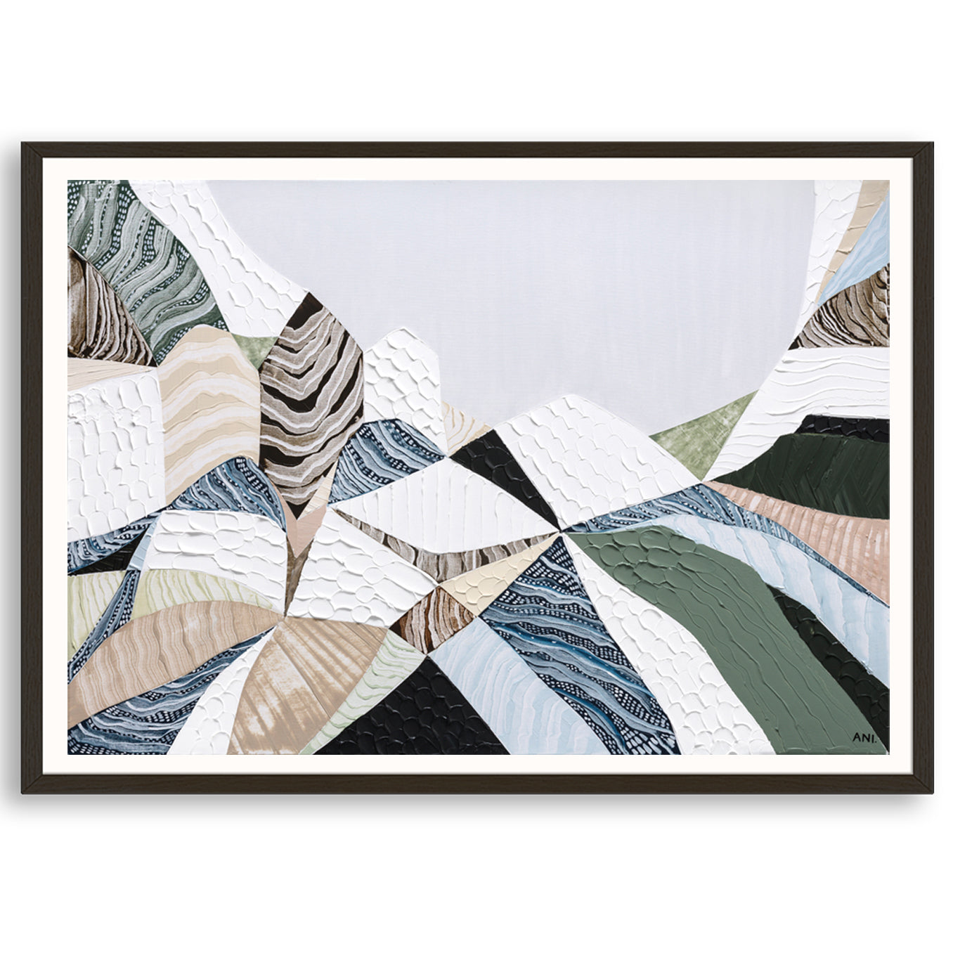 Three Sisters Blue Mountains abstract landscape print showcasing iconic sandstone cliffs in Katoomba NSW Australia, modern Australian wall art with earthy colours, textured design, and scenic mountain landscape for home or office decor