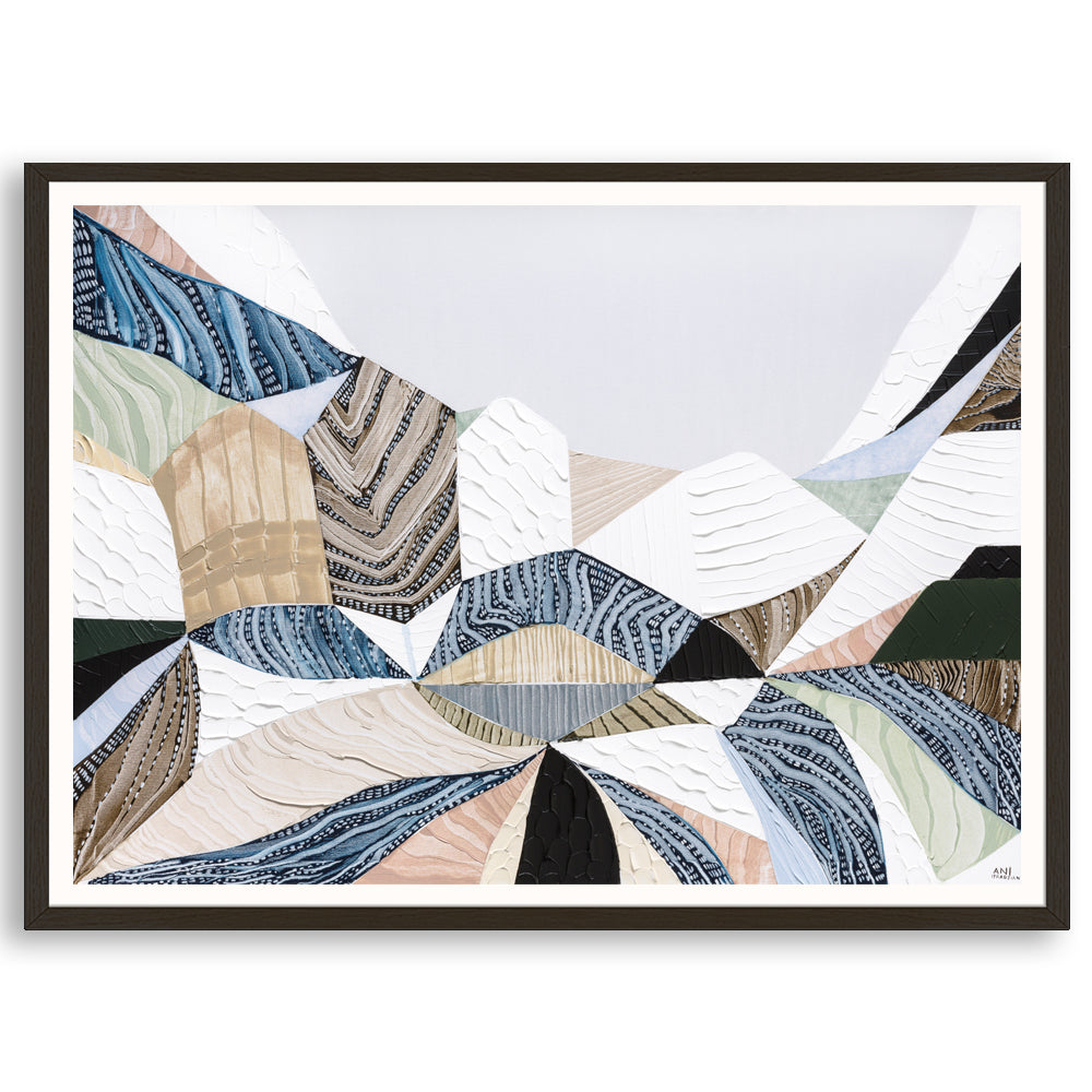 Three Sisters original abstract landscape art by Australian artist Ani Ipradjian, inspired by the iconic Blue Mountains in Katoomba, New South Wales. Contemporary Australian wall art featuring rich textures, earthy tones, sandstone formations, and expressive colour, celebrating one of Australia's most famous natural landmarks for art collectors and modern interiors.