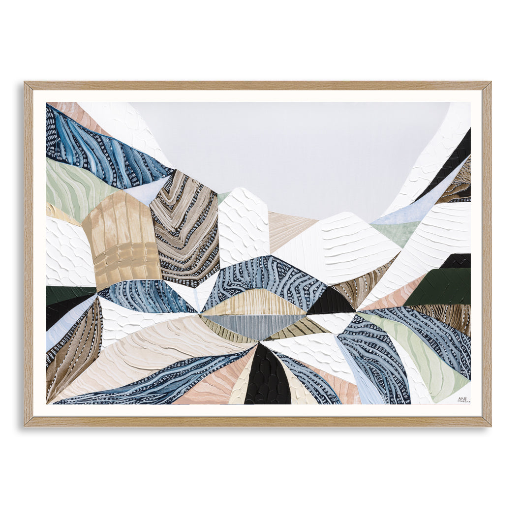 Three Sisters original abstract landscape art by Australian artist Ani Ipradjian, inspired by the iconic Blue Mountains in Katoomba, New South Wales. Contemporary Australian wall art featuring rich textures, earthy tones, sandstone formations, and expressive colour, celebrating one of Australia's most famous natural landmarks for art collectors and modern interiors.