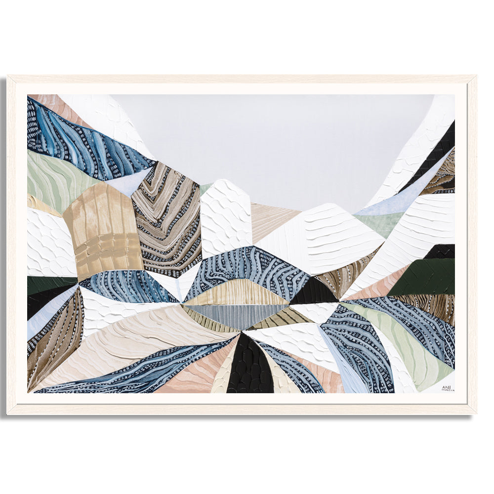 Three Sisters original abstract landscape art by Australian artist Ani Ipradjian, inspired by the iconic Blue Mountains in Katoomba, New South Wales. Contemporary Australian wall art featuring rich textures, earthy tones, sandstone formations, and expressive colour, celebrating one of Australia's most famous natural landmarks for art collectors and modern interiors.