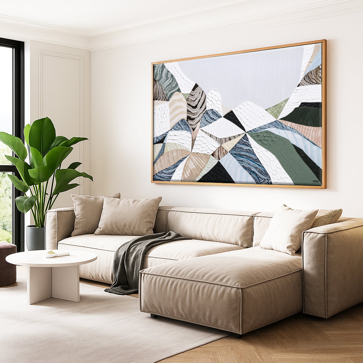 Three Sisters Blue Mountains original abstract landscape painting featuring iconic sandstone rock formation at Echo Point Katoomba Australia, textured contemporary Australian artwork with earthy tones, layered brushstrokes, and dramatic mountain scenery
