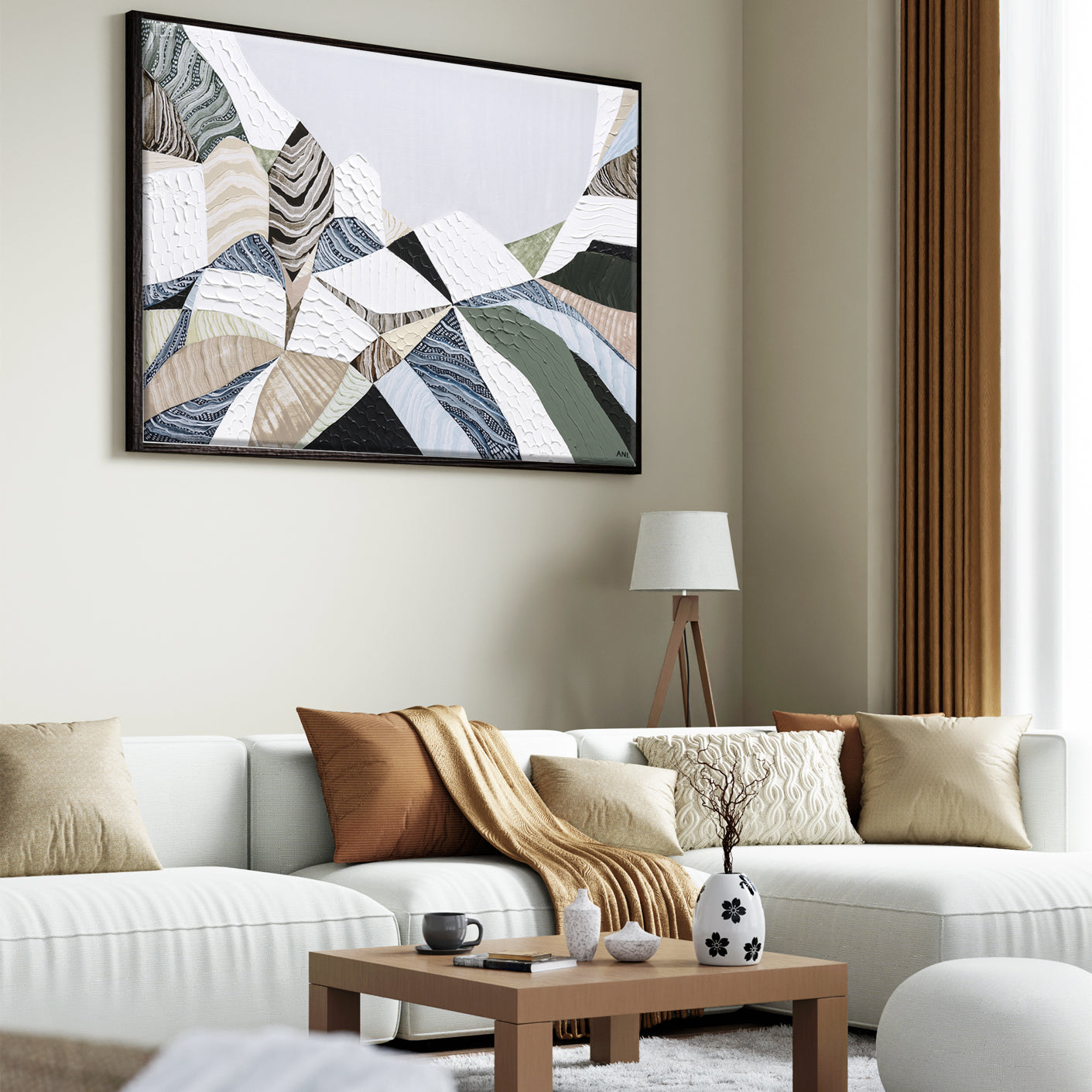 Three Sisters Blue Mountains original abstract landscape painting featuring iconic sandstone rock formation at Echo Point Katoomba Australia, textured contemporary Australian artwork with earthy tones, layered brushstrokes, and dramatic mountain scenery