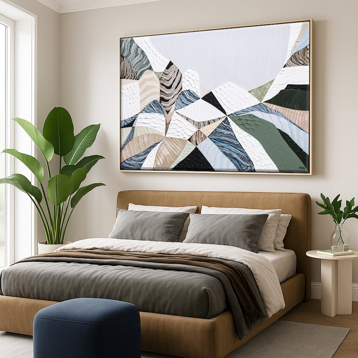 Three Sisters Blue Mountains original abstract landscape painting featuring iconic sandstone rock formation at Echo Point Katoomba Australia, textured contemporary Australian artwork with earthy tones, layered brushstrokes, and dramatic mountain scenery