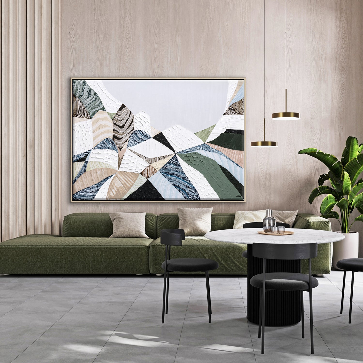 Three Sisters Blue Mountains original abstract landscape painting featuring iconic sandstone rock formation at Echo Point Katoomba Australia, textured contemporary Australian artwork with earthy tones, layered brushstrokes, and dramatic mountain scenery