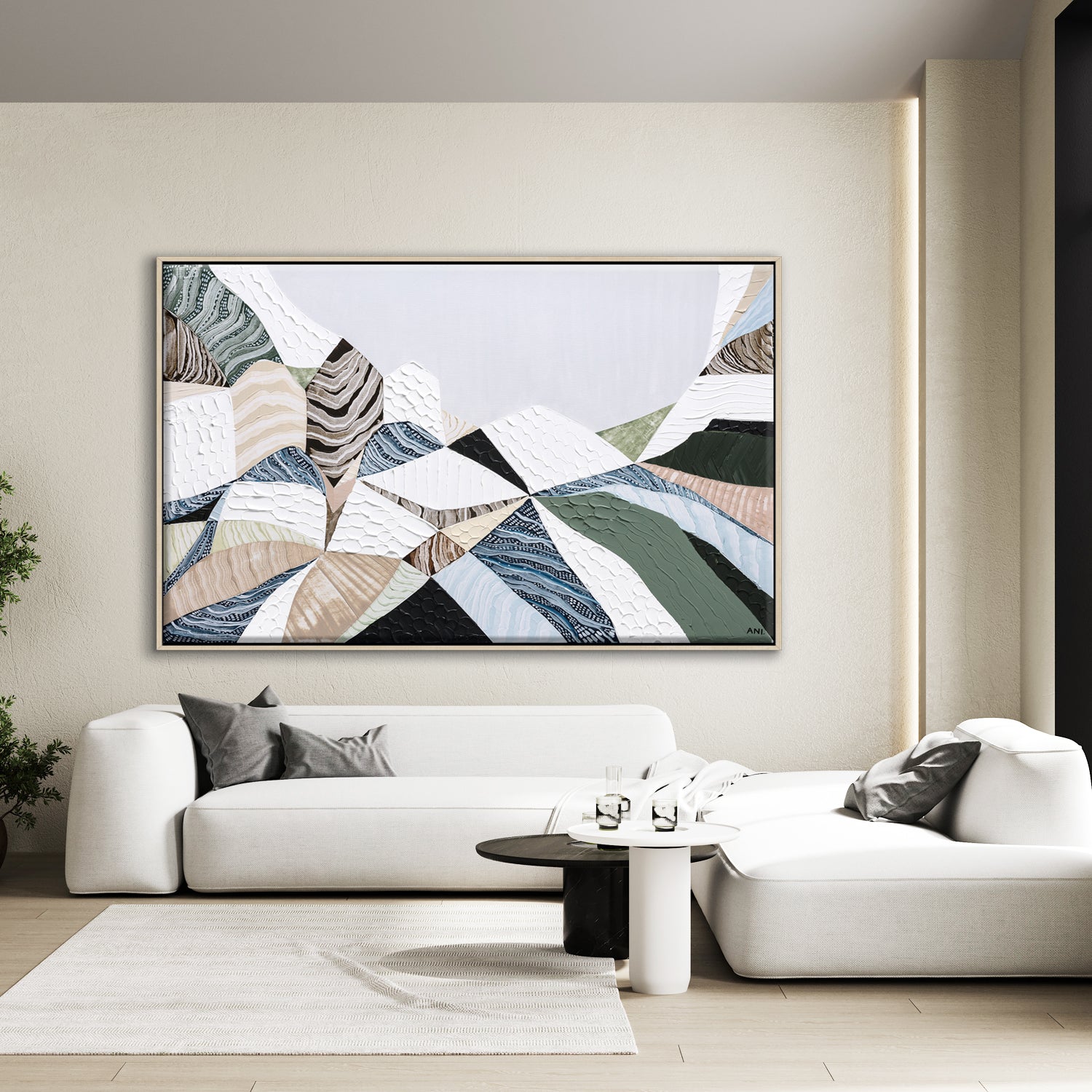 Three Sisters Blue Mountains original abstract landscape painting featuring iconic sandstone rock formation at Echo Point Katoomba Australia, textured contemporary Australian artwork with earthy tones, layered brushstrokes, and dramatic mountain scenery