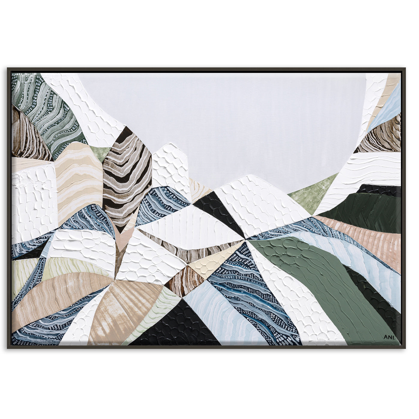 Three Sisters Blue Mountains original abstract landscape painting featuring iconic sandstone rock formation at Echo Point Katoomba Australia, textured contemporary Australian artwork with earthy tones, layered brushstrokes, and dramatic mountain scenery