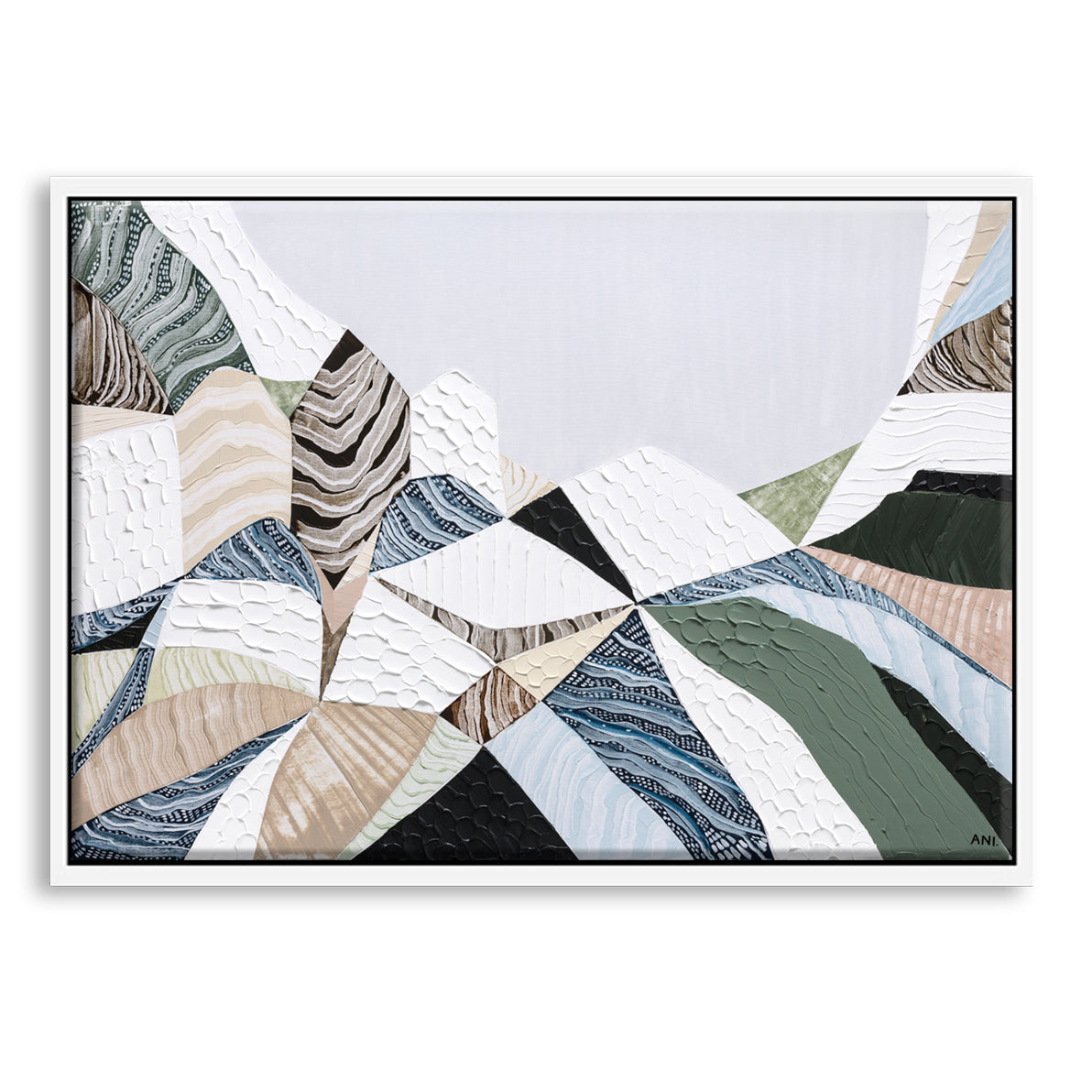 Three Sisters Blue Mountains original abstract landscape painting featuring iconic sandstone rock formation at Echo Point Katoomba Australia, textured contemporary Australian artwork with earthy tones, layered brushstrokes, and dramatic mountain scenery