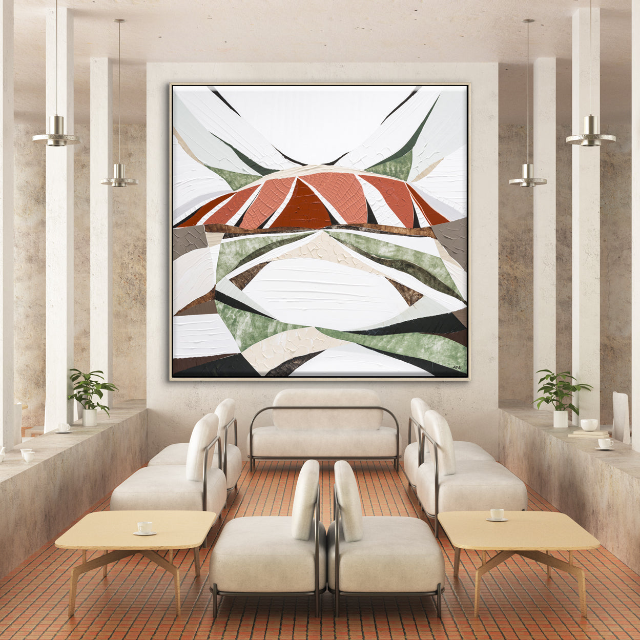 Uluru Dreams painting by Australian artist Ani Ipradjian, inspired by Uluru in Central Australia. Abstract landscape artwork featuring rich red, gold, and sandstone tones with textured layers, evoking the beauty of rain over Uluru. Perfect for collectors and interior decorators seeking authentic Australian outback art, available worldwide.