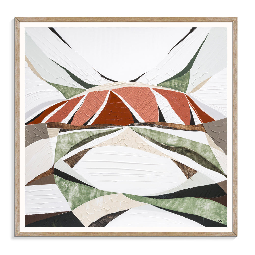 Uluru Dreams print by Australian artist Ani Ipradjian, inspired by Uluru in Central Australia. Abstract landscape artwork featuring rich red, gold, and sandstone tones with textured layers, evoking the beauty of rain over Uluru. Perfect for collectors and interior decorators seeking authentic Australian outback art, available worldwide.