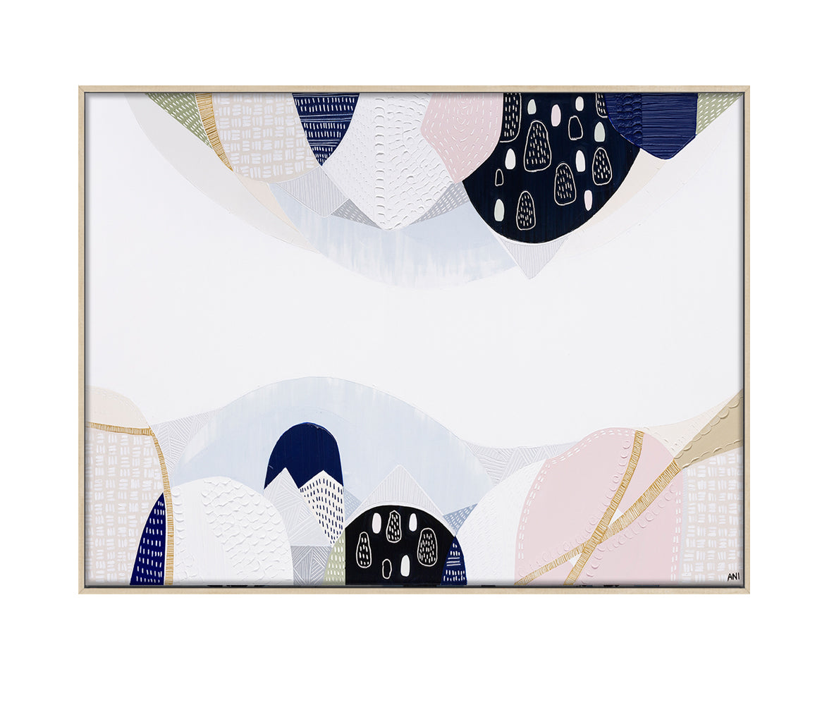 Abstract cityscape print inspired by Melbourne's urban structure, featuring layered textures, natural tones, and references to historic bluestone architecture from the 1850s. Captures the balance of nature and city life in modern Australian design.