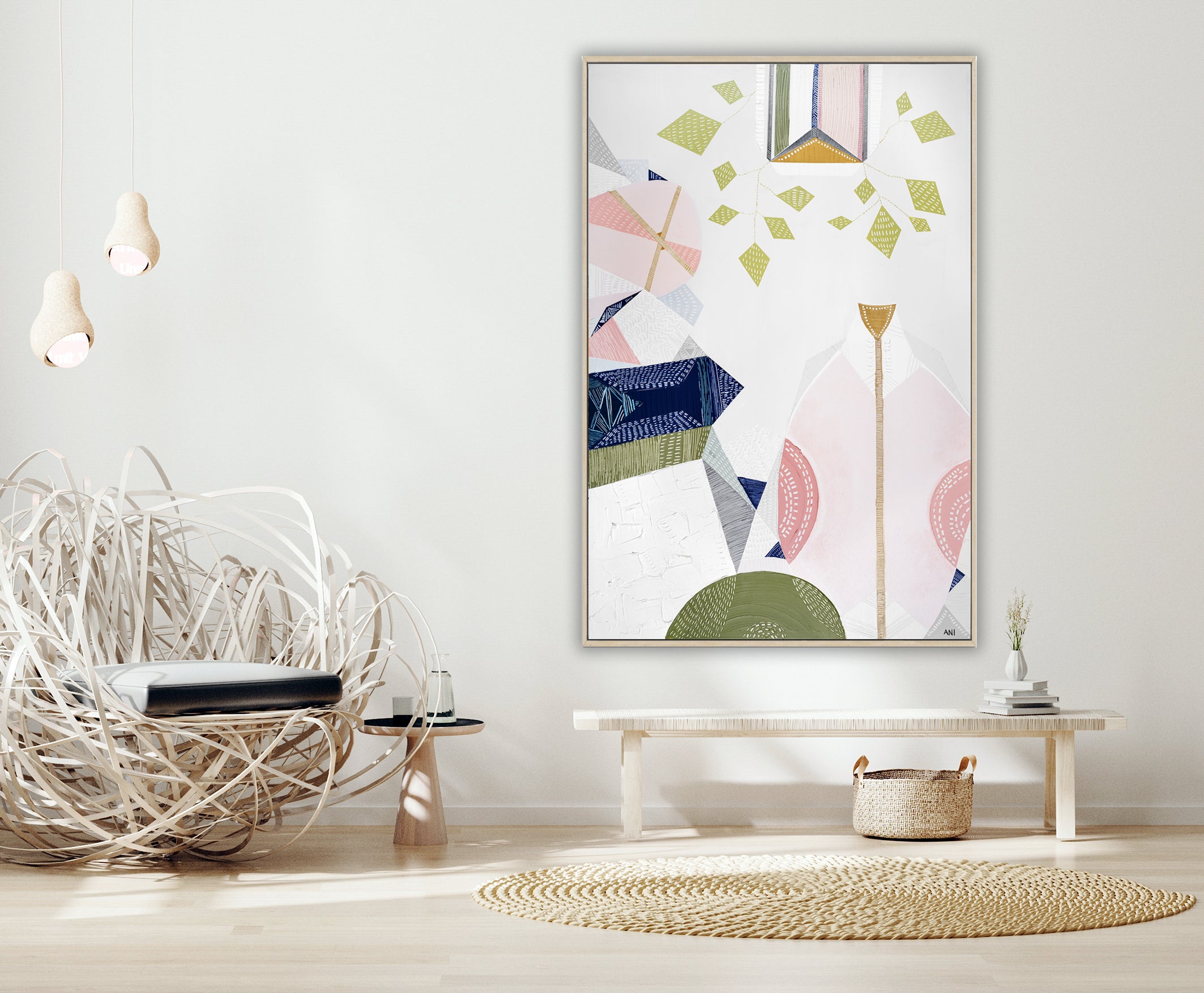 Urban Melbourne abstract print by Ani Ipradjian featuring warm retro tones and hanging vine-inspired shapes, celebrating 1970s interiors and Melbourne’s vibrant city life. Ideal for art collectors and interior decor inspired by Australian cityscapes.