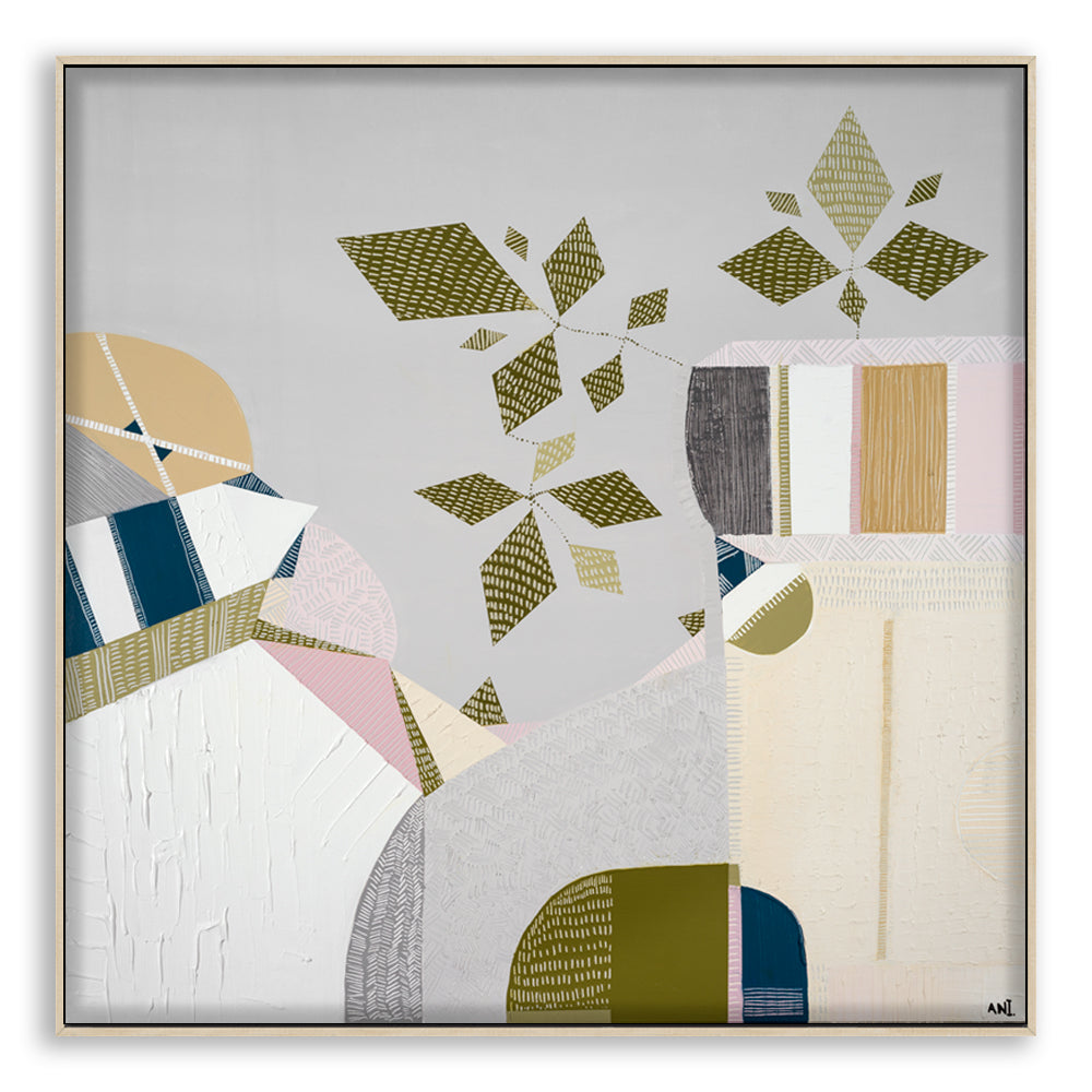 "Urban Sydney" – Original abstract painting by Australian artist Ani Ipradjian, inspired by 1970s interiors and the Sydney Harbour Bridge, featuring earthy retro tones and textured botanical elements.