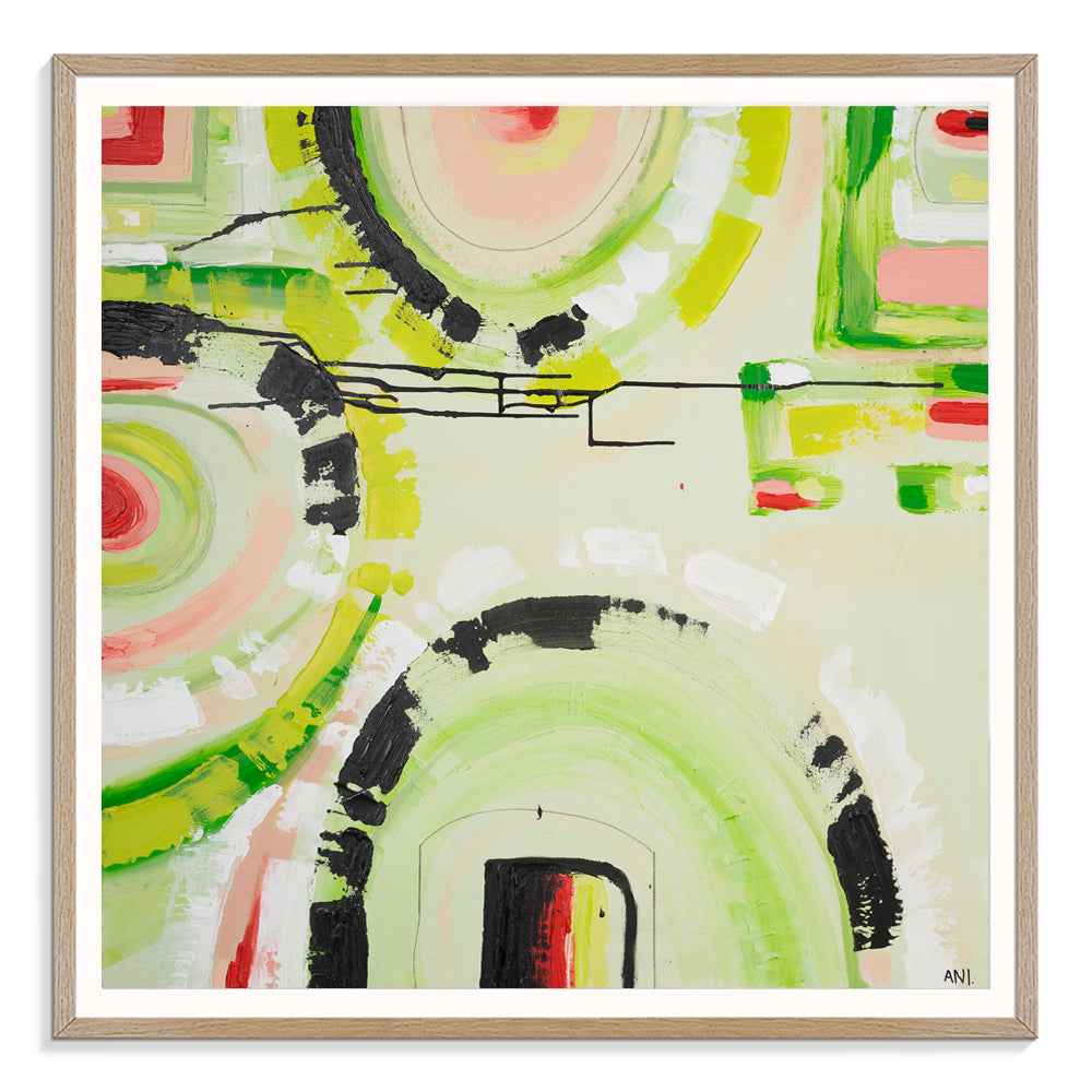 “Watermelon Dreams” art print by Ani Ipradjian – colourful abstract inspired by watermelon and Australian summer, featuring pink, yellow, and red tones.