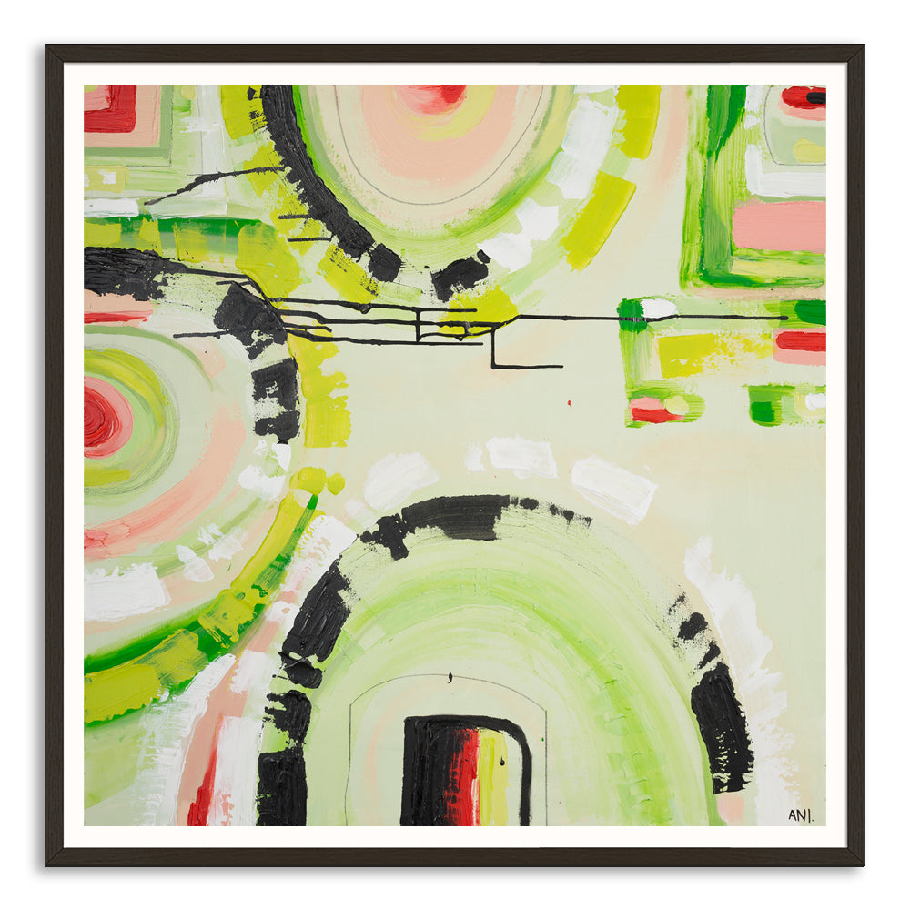 “Watermelon Dreams” art print by Ani Ipradjian – colourful abstract inspired by watermelon and Australian summer, featuring pink, yellow, and red tones.