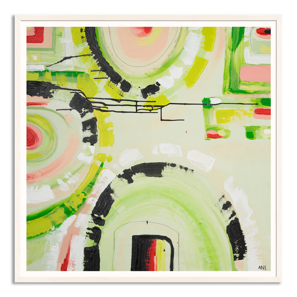 “Watermelon Dreams” art print by Ani Ipradjian – colourful abstract inspired by watermelon and Australian summer, featuring pink, yellow, and red tones.