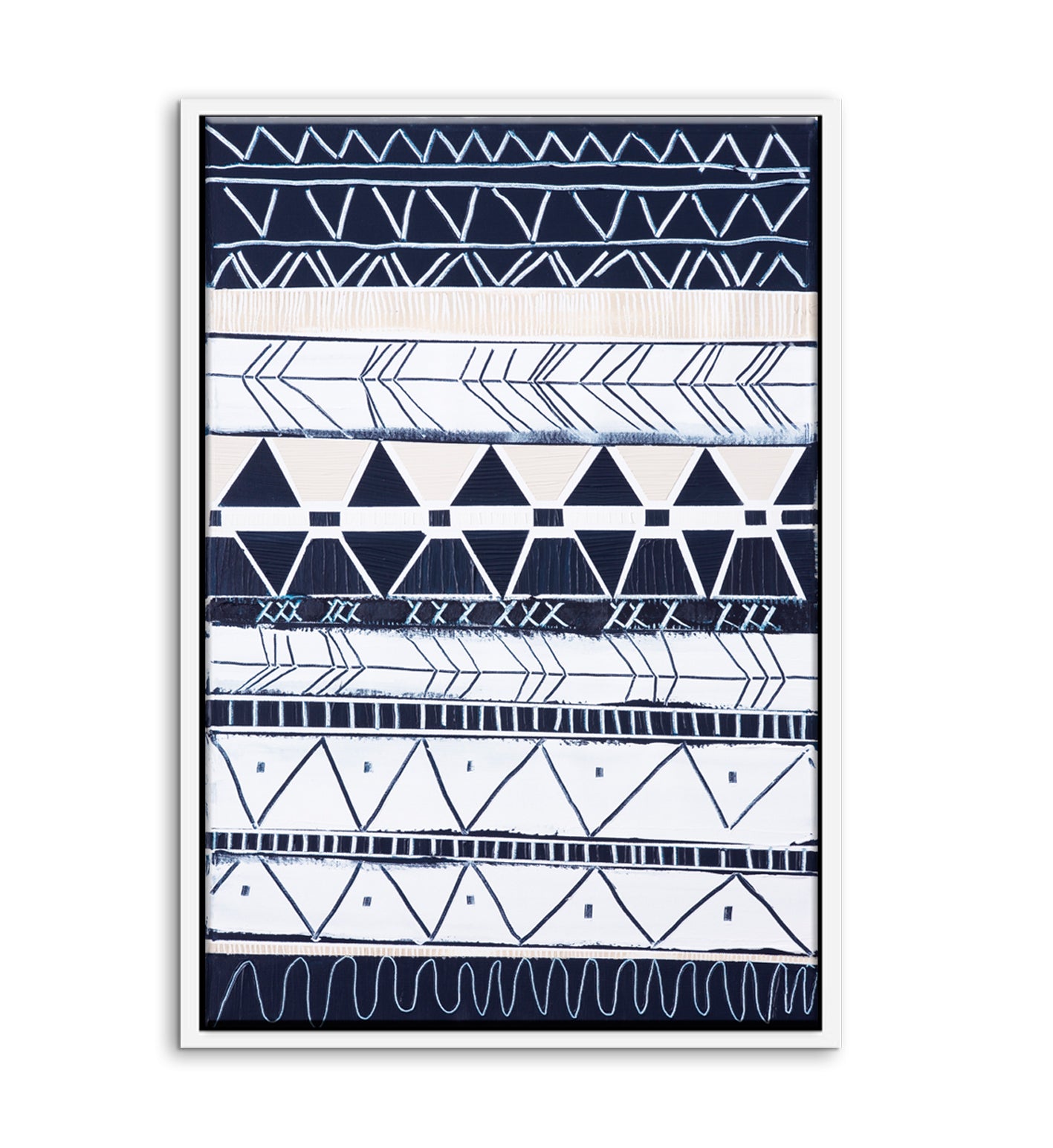 Bondi Waves 1 by Australian artist Ani Ipradjian – abstract coastal painting inspired by Bondi Beach, featuring flowing ocean waves and tribal motifs from Armenian heritage. Contemporary art print, 65cm x 100cm, framed in Tasmanian Oak, black, or white. Ideal for collectors of modern Australian art worldwide.