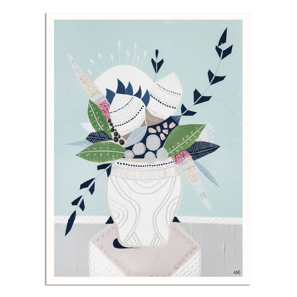 "Wild Banksia Bouquet" print by Australian artist Ani Ipradjian – abstract floral artwork featuring native Banksia flowers and modern coastal tones, ideal for botanical-themed interior decor.