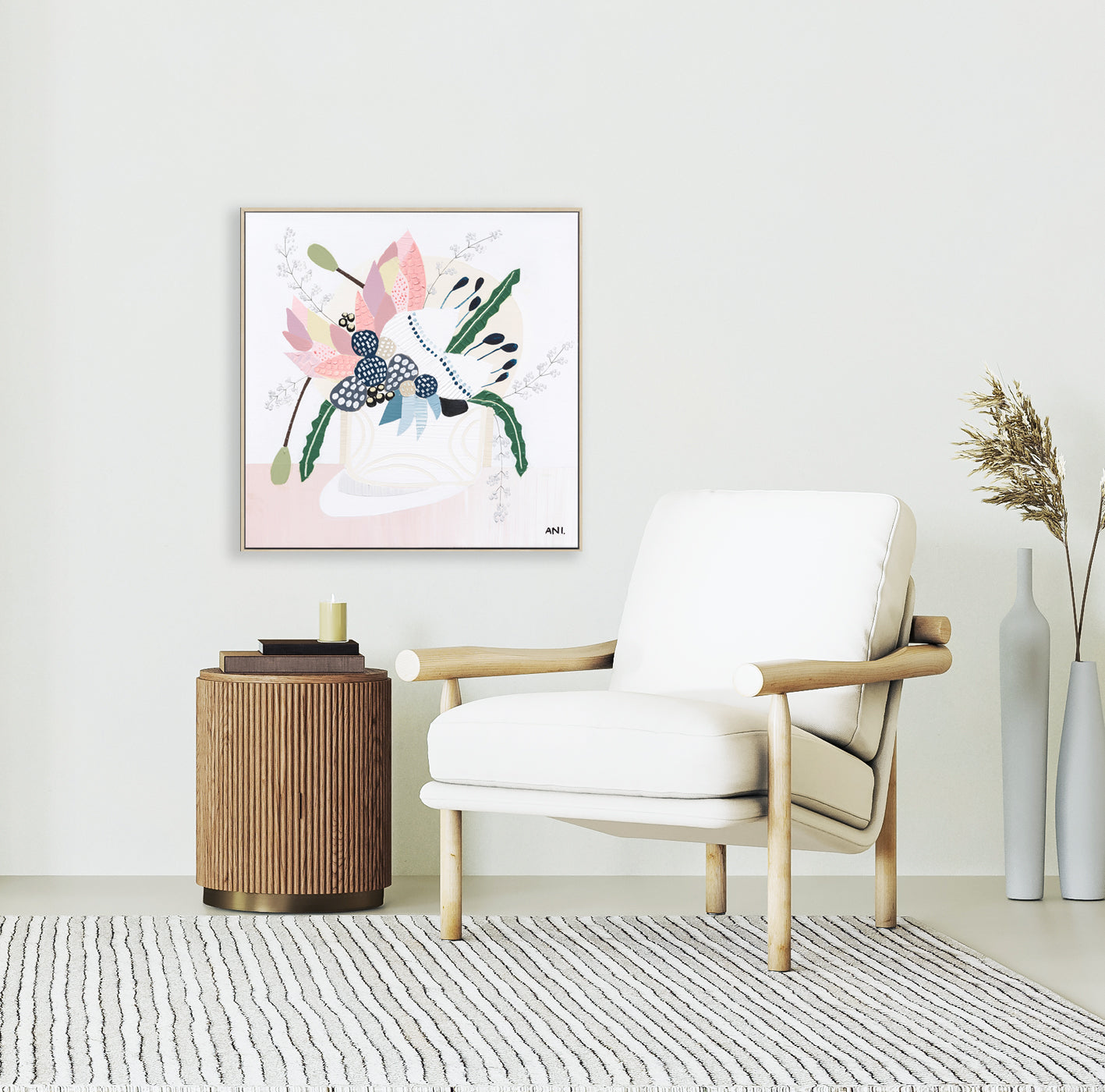 "Wild Flowers" – Original floral painting by Australian artist Ani Ipradjian, featuring Banksia flowers and native wild blooms in a modern coastal palette of pinks, greens, and blues.
