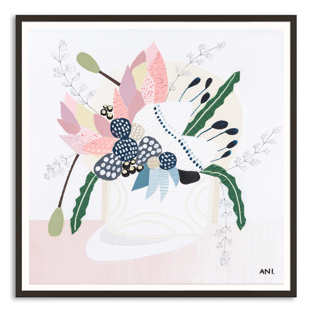 Wild Flowers print by Ani Ipradjian – abstract botanical artwork featuring Australian native Banksia in soft pink, blue, and green tones. Ideal for global collectors and Australian art buyers seeking unique floral wall art.