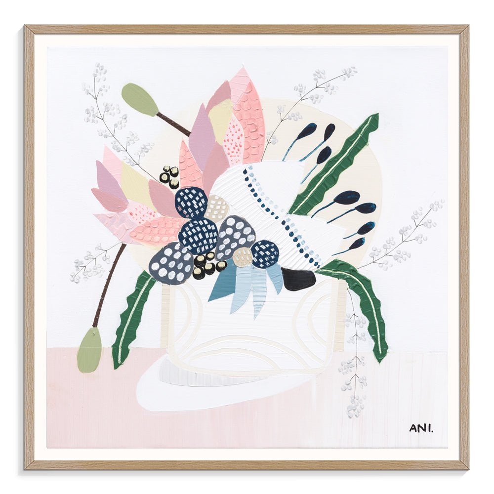 Wild Flowers print by Ani Ipradjian – abstract botanical artwork featuring Australian native Banksia in soft pink, blue, and green tones. Ideal for global collectors and Australian art buyers seeking unique floral wall art.
