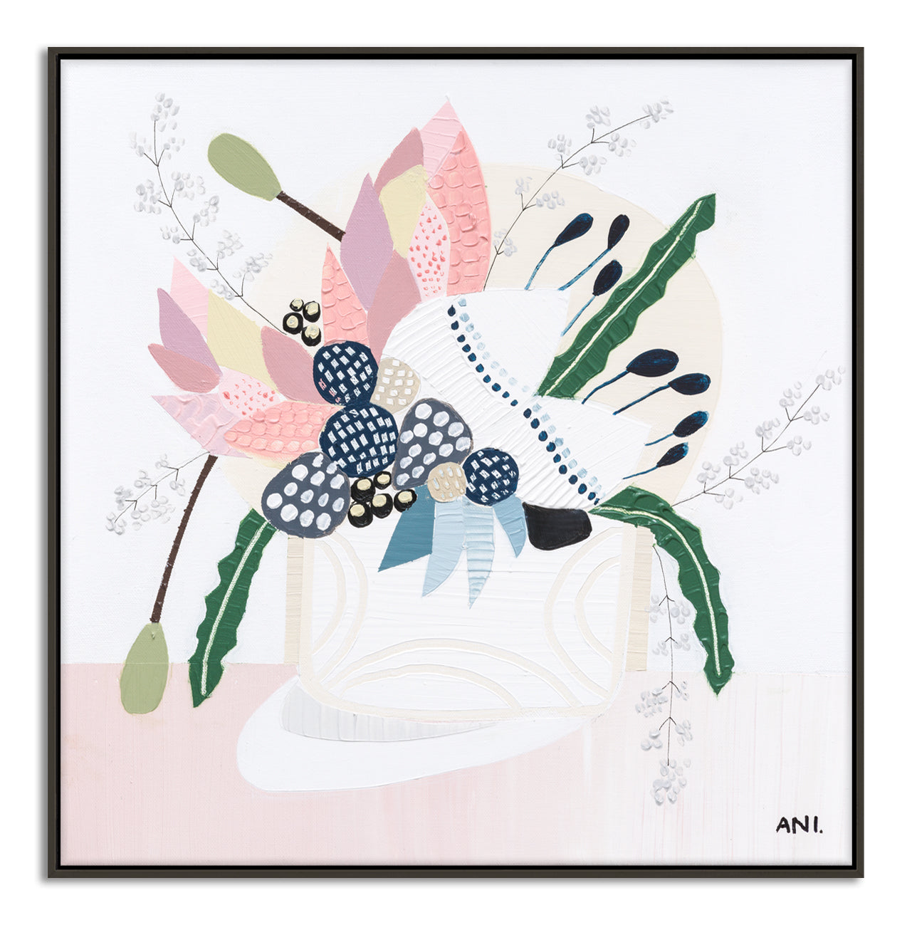 Wild Flowers print by Ani Ipradjian – abstract botanical artwork featuring Australian native Banksia in soft pink, blue, and green tones. Ideal for global collectors and Australian art buyers seeking unique floral wall art.