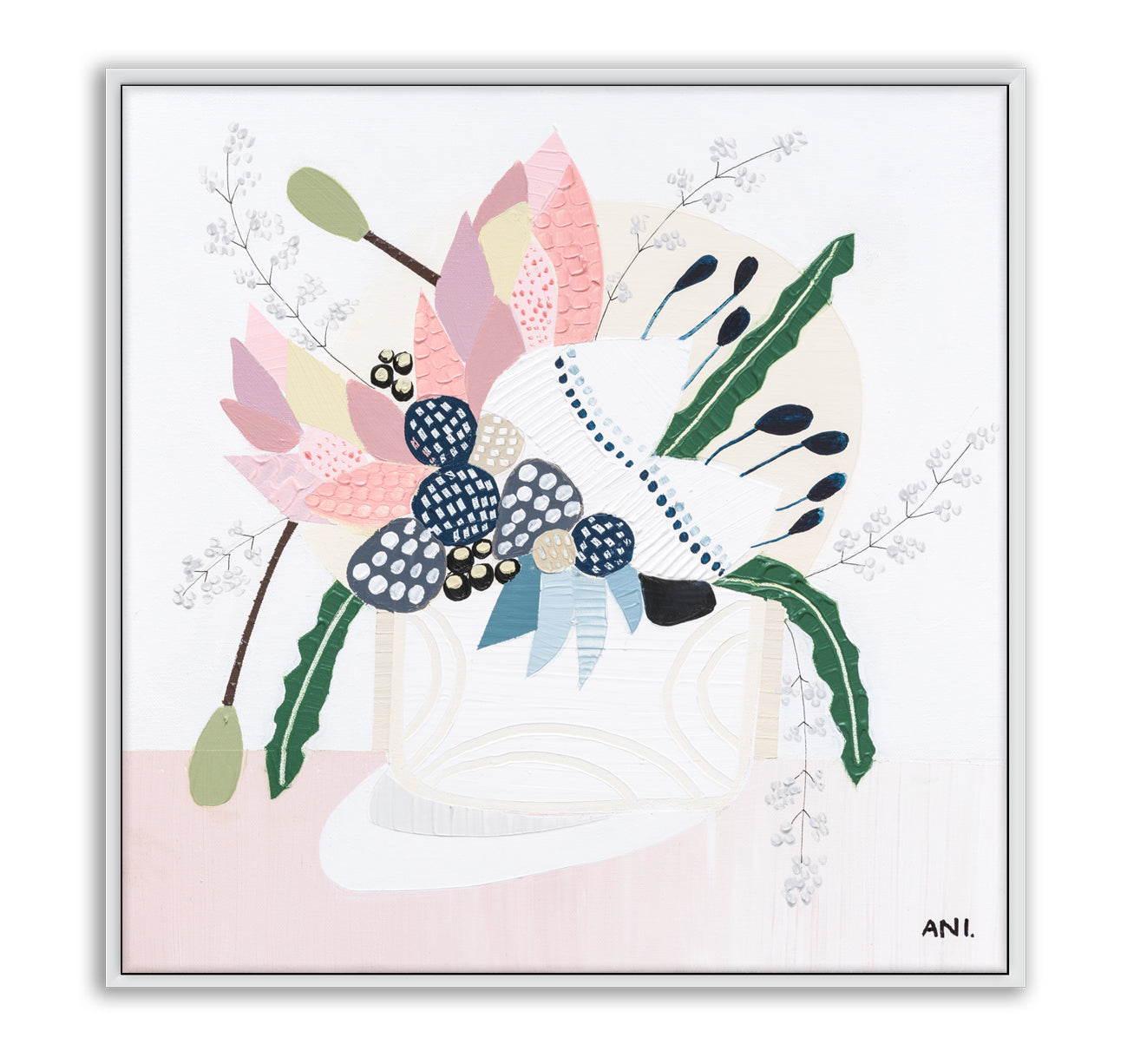 Wild Flowers print by Ani Ipradjian – abstract botanical artwork featuring Australian native Banksia in soft pink, blue, and green tones. Ideal for global collectors and Australian art buyers seeking unique floral wall art.