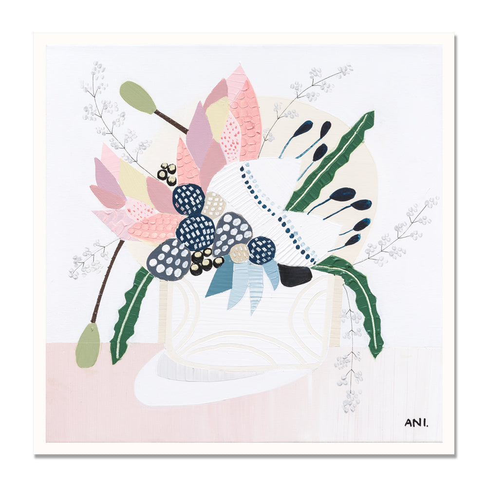 Wild Flowers print by Ani Ipradjian – abstract botanical artwork featuring Australian native Banksia in soft pink, blue, and green tones. Ideal for global collectors and Australian art buyers seeking unique floral wall art.