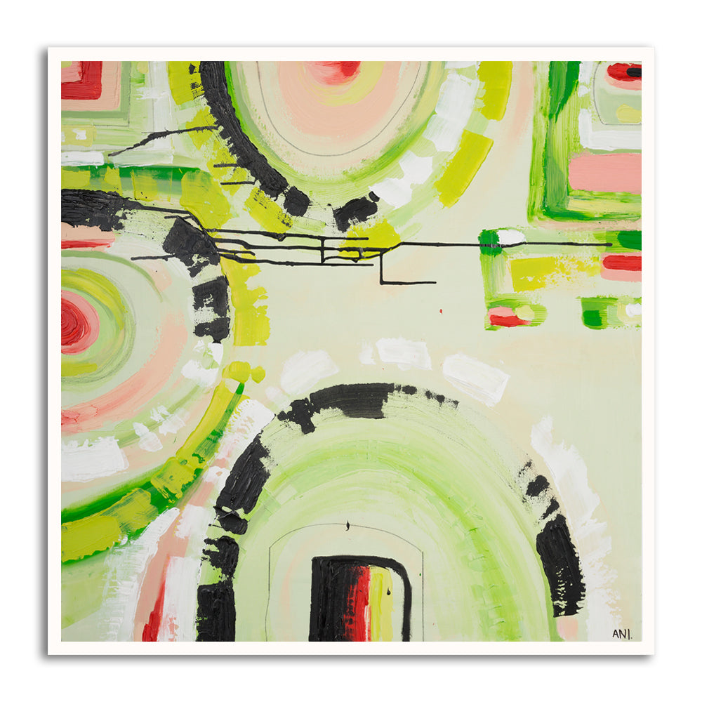 “Watermelon Dreams” art print by Ani Ipradjian – colourful abstract inspired by watermelon and Australian summer, featuring pink, yellow, and red tones.