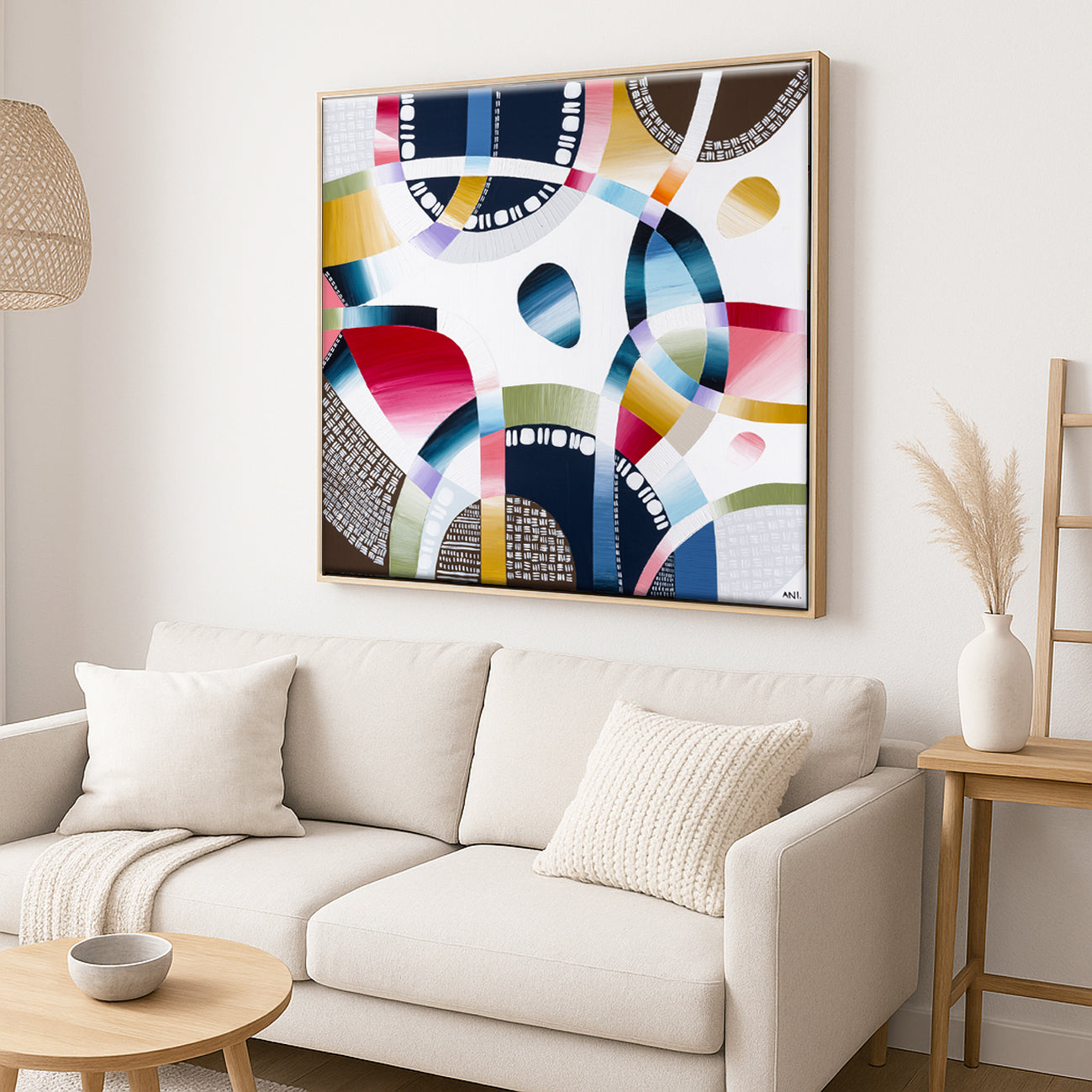 Yarra Walk print by Ani Ipradjian – textured abstract aerial landscape featuring the Yarra River with natural greens, blues, and golds inspired by Melbourne’s native bushland.