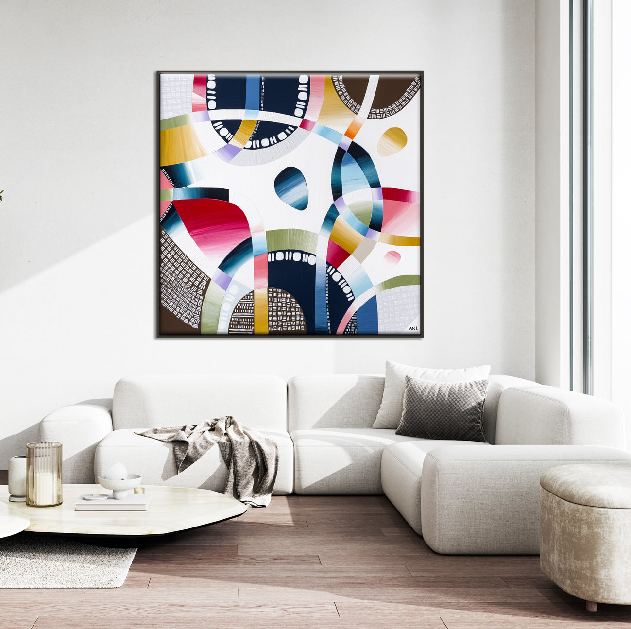 Yarra Walk print by Ani Ipradjian – textured abstract aerial landscape featuring the Yarra River with natural greens, blues, and golds inspired by Melbourne’s native bushland.