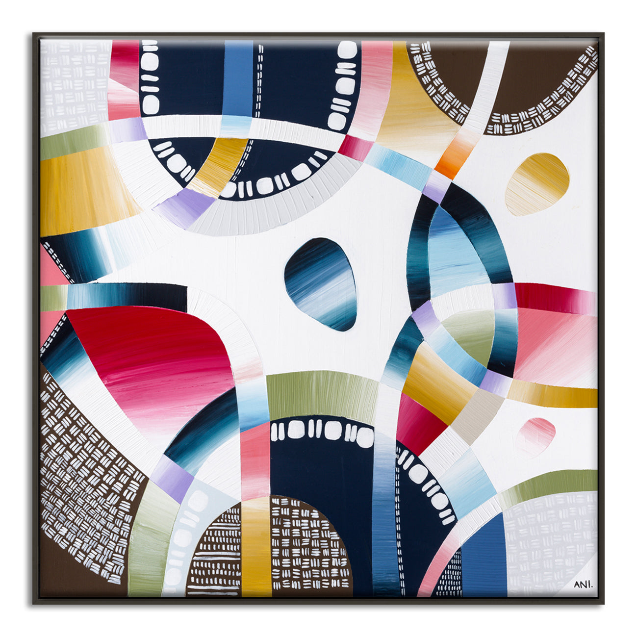 Yarra Walk print by Ani Ipradjian – textured abstract aerial landscape featuring the Yarra River with natural greens, blues, and golds inspired by Melbourne’s native bushland.